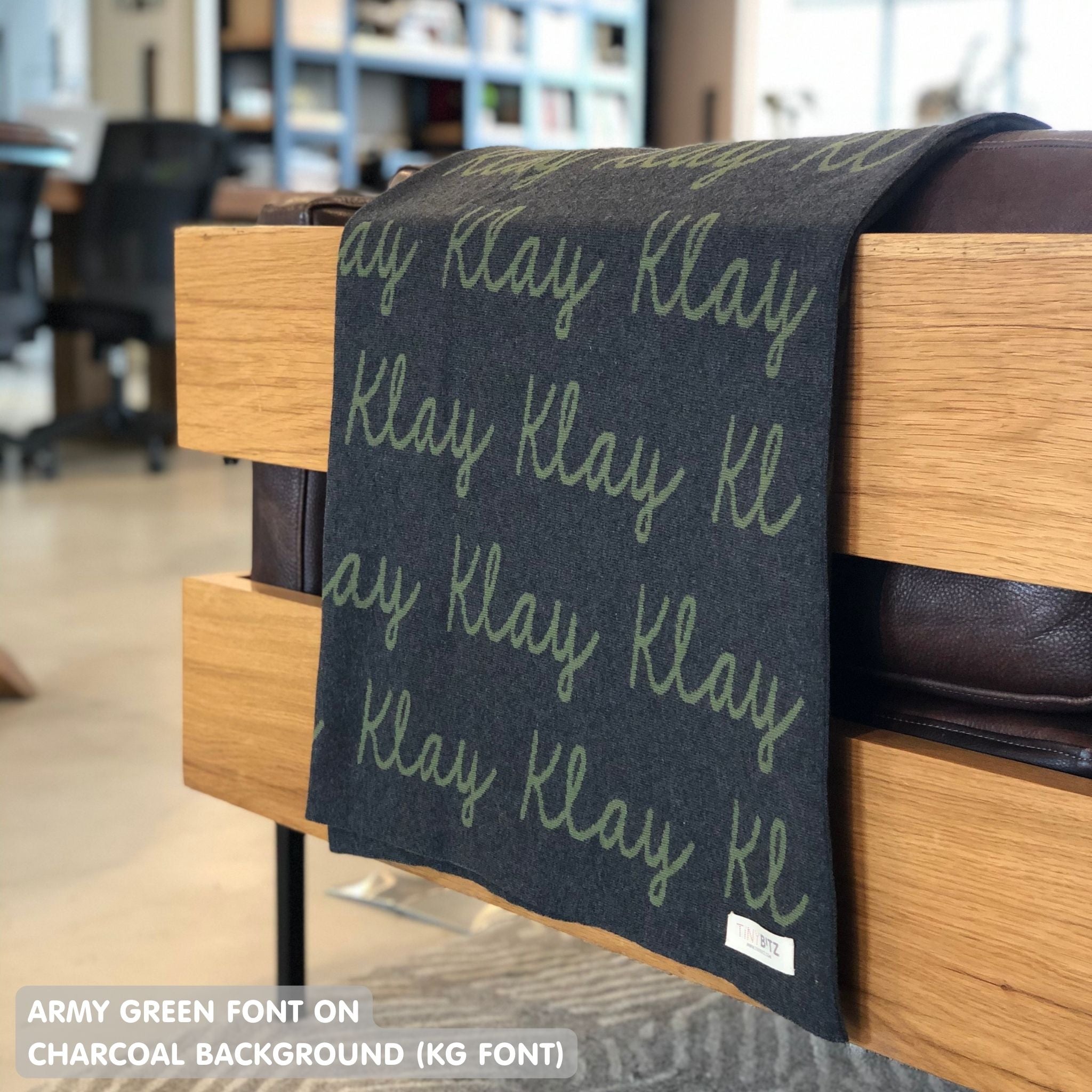 Personalised pet blanket in charcoal and army green knitted cotton, custom knitted dog blanket by TinyBitz, perfect gift for dog lovers.