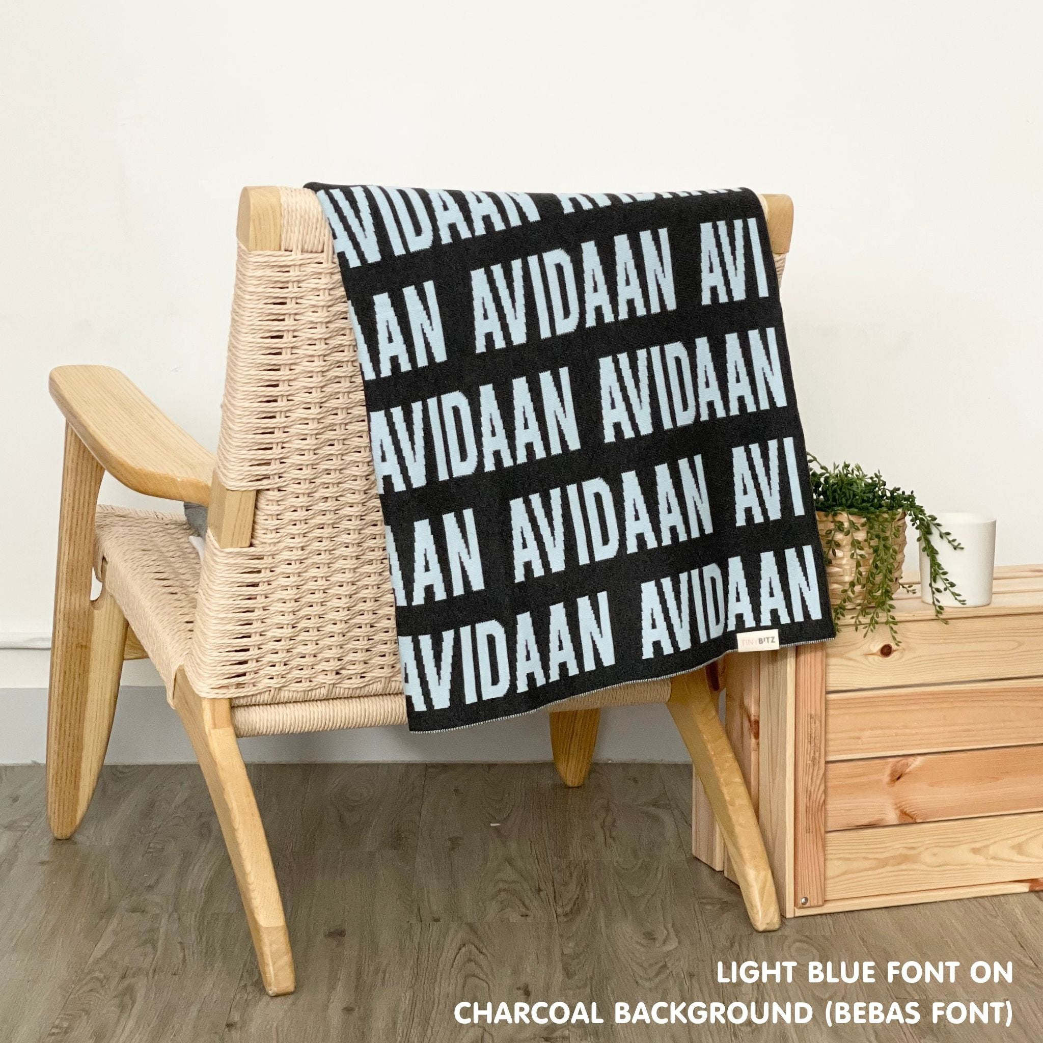 Personalised pet blanket for cats in charcoal and light blue knitted cotton, custom knitted cat blanket by TinyBitz, perfect gift for cat lovers.