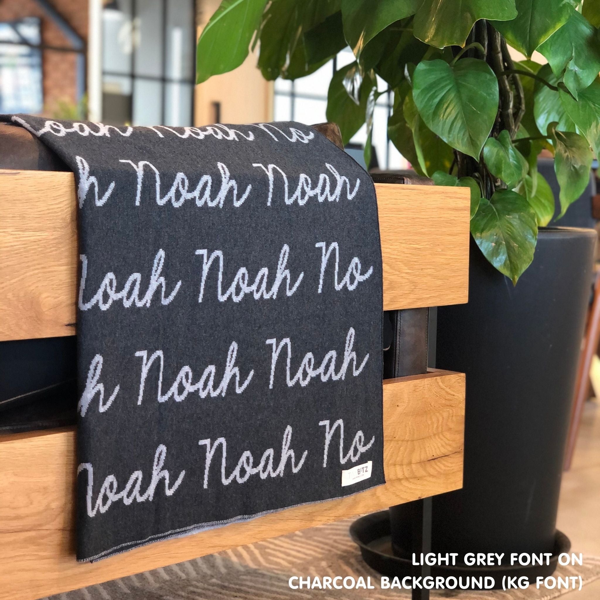 Personalised pet blanket for cats in charcoal and light grey knitted cotton, personalise your cat bed with custom knitted cat blanket by TinyBitz.