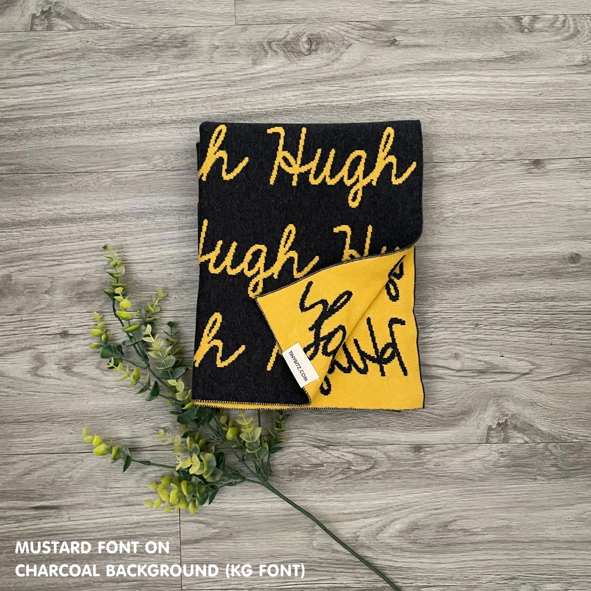 Personalised pet blanket for dogs in charcoal and mustard, custom knitted dog blanket by TinyBitz, cozy gift for small dogs.