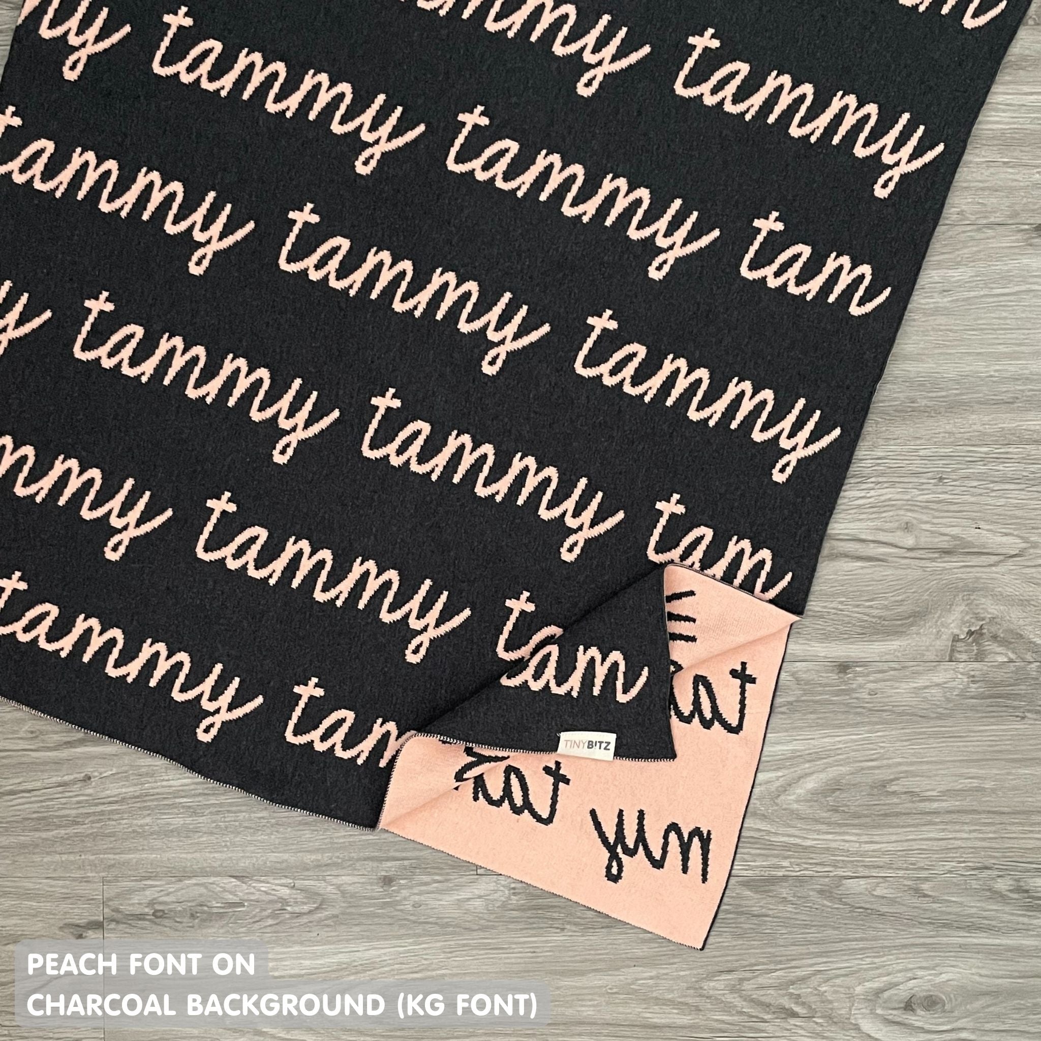 Personalised pet blanket with name tammy in charcoal and peach, custom dog blanket by TinyBitz, cozy gift for dogs.