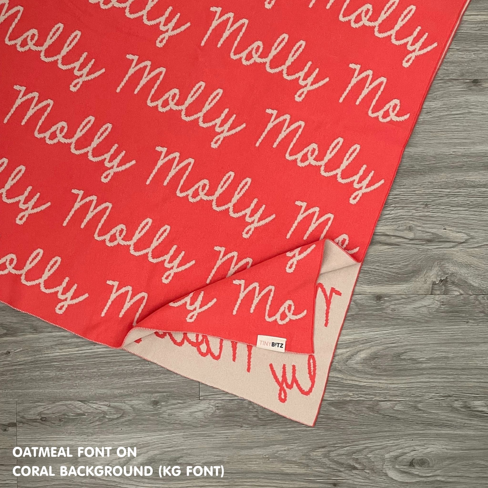 Personalised pet blanket in coral and oatmeal knitted cotton, custom knitted dog blanket by TinyBitz, perfect gift for dog lovers.