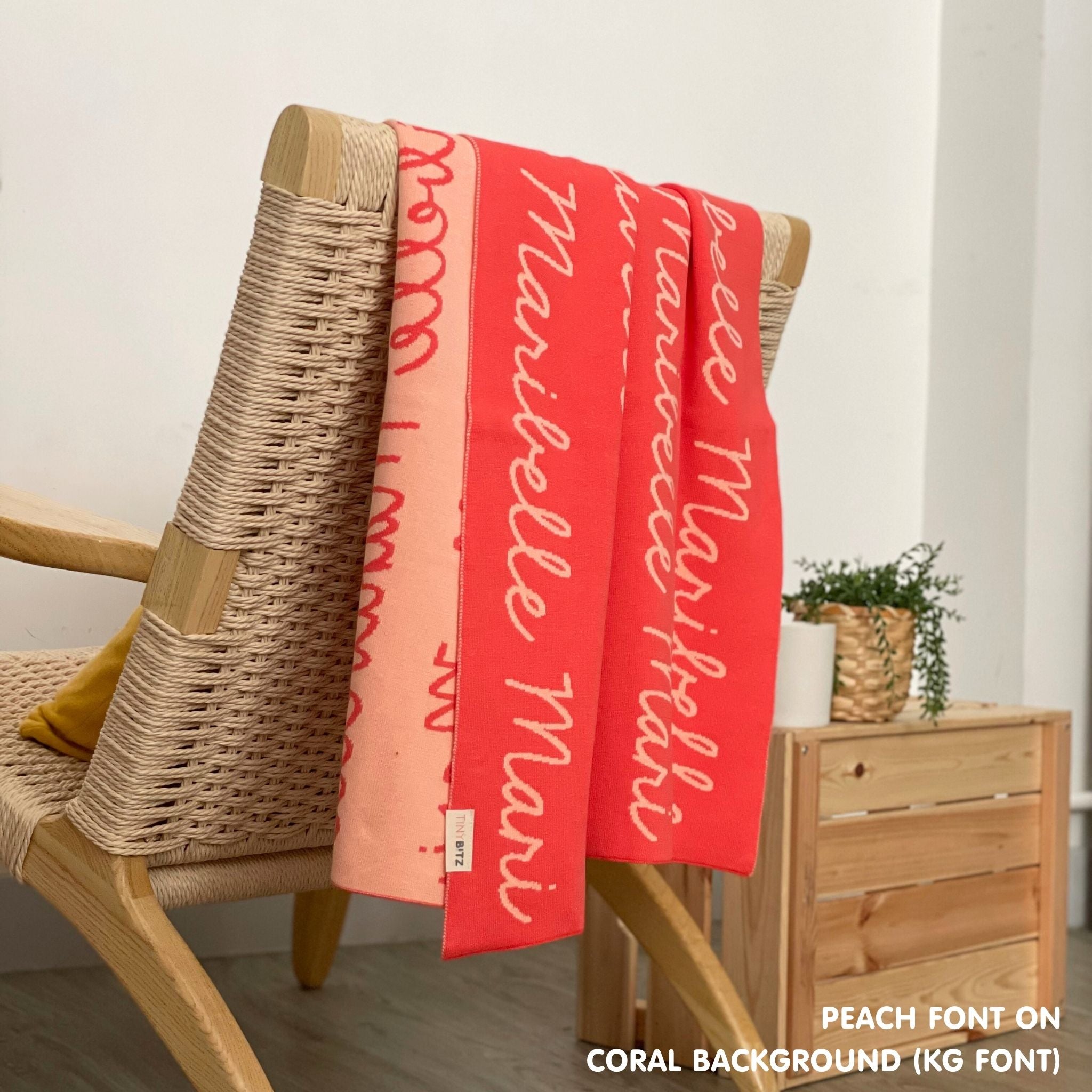 Personalised pet blanket for cats in coral and peach knitted cotton, custom knitted cat blanket by TinyBitz, perfect gift for cat lovers.