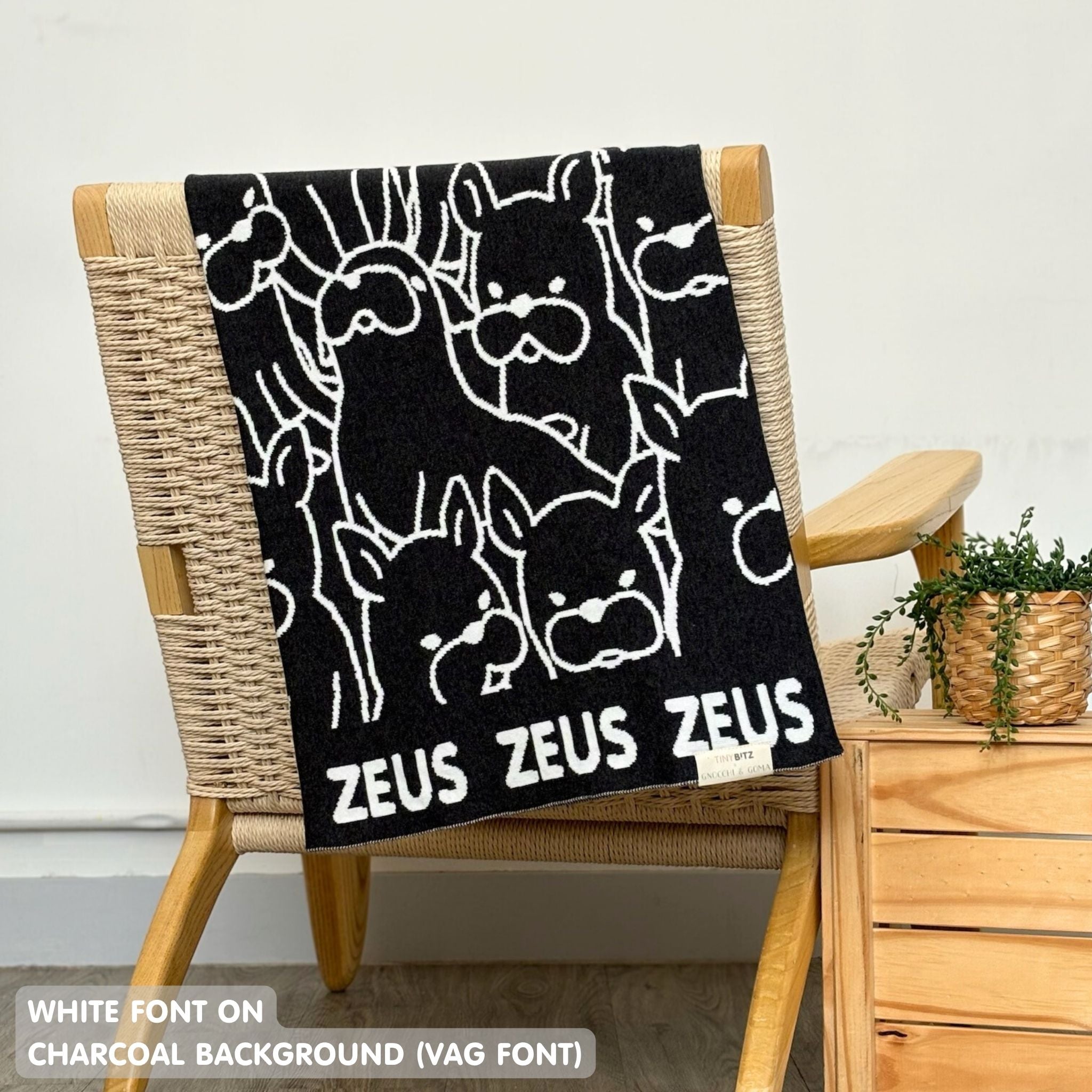 Personalised pet blanket for Corgi in charcoal and white knitted cotton, personalise your dog bed with custom knitted cat blanket by TinyBitz.