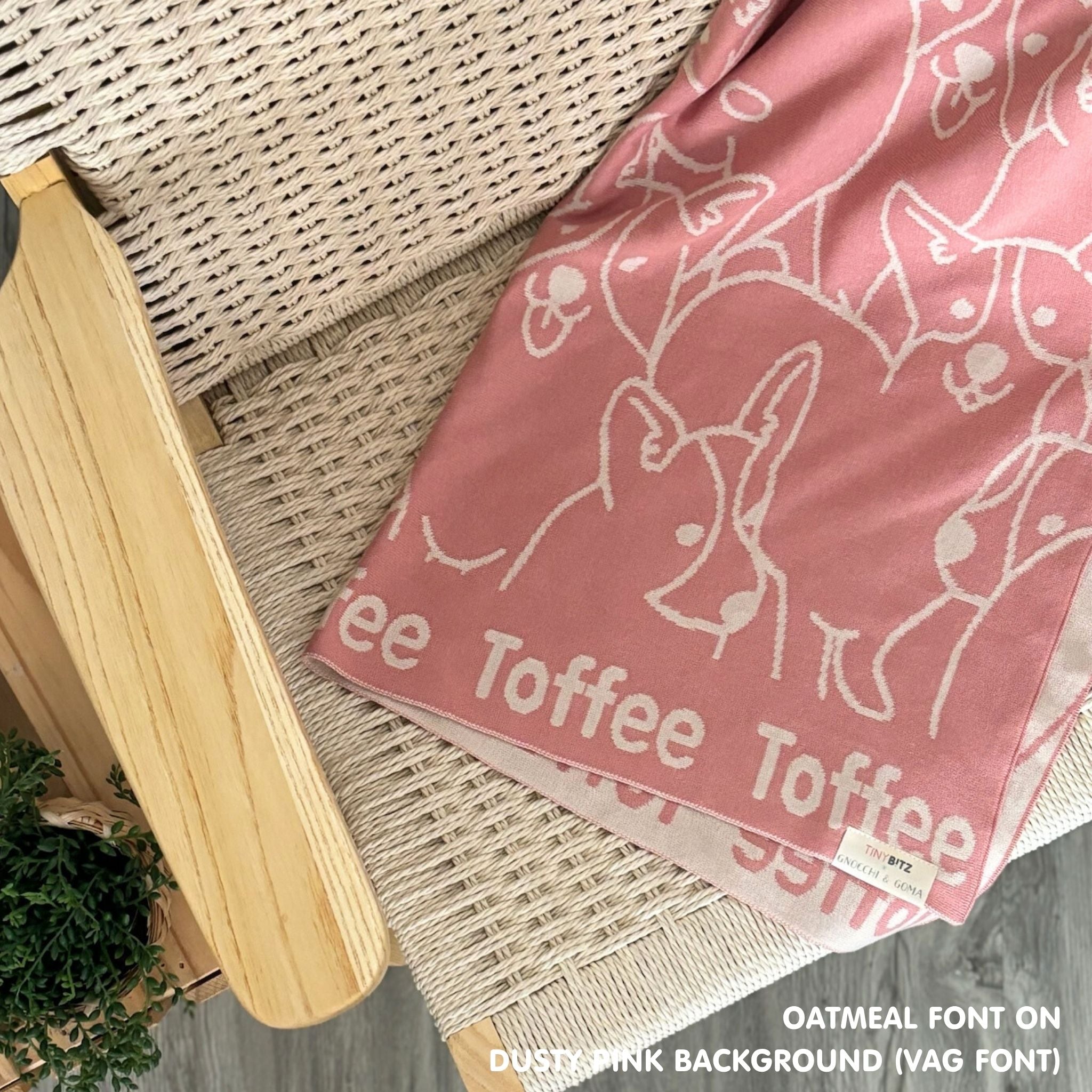 Personalised pet blanket for dogs in dusty pink and oatmeal, custom knitted dog blanket by TinyBitz, cozy gift for small dogs.