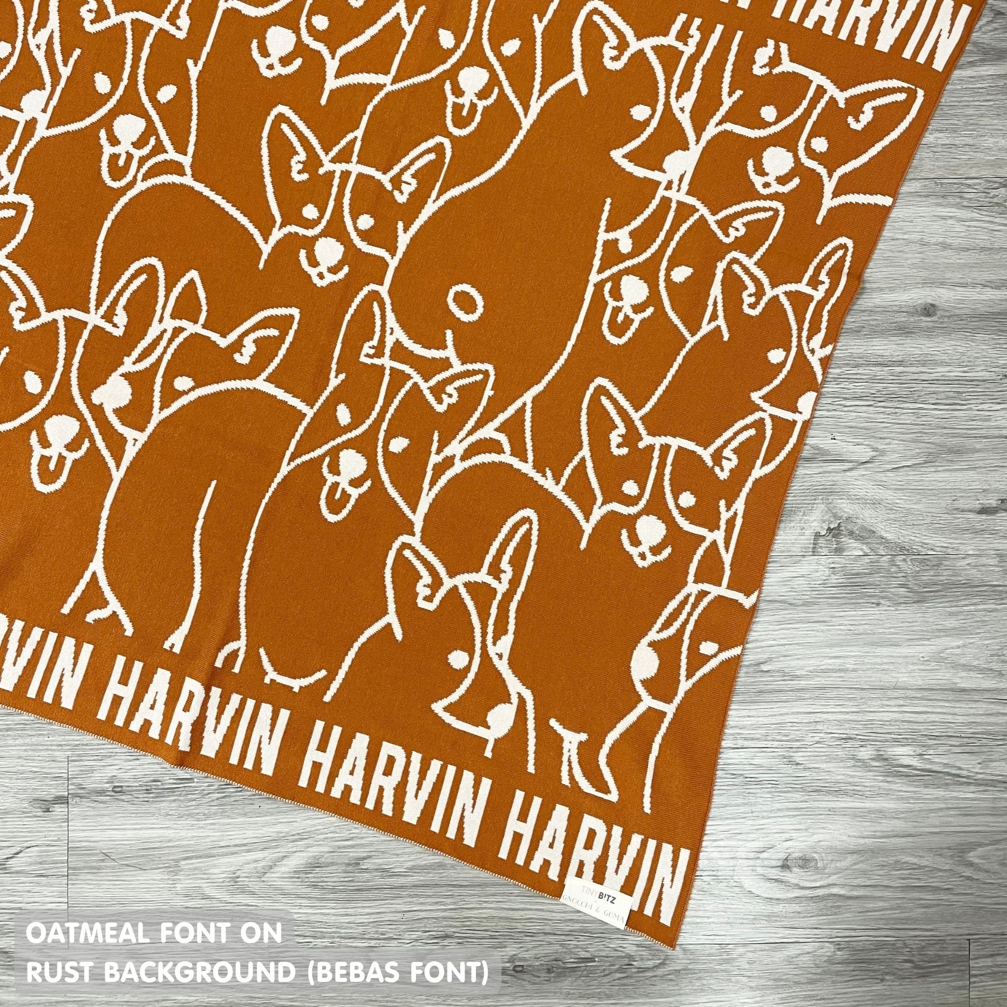 Personalised pet blanket for Corgi in rust and oatmeal knitted cotton, custom knitted cat blanket by TinyBitz, perfect gift for dog lovers.