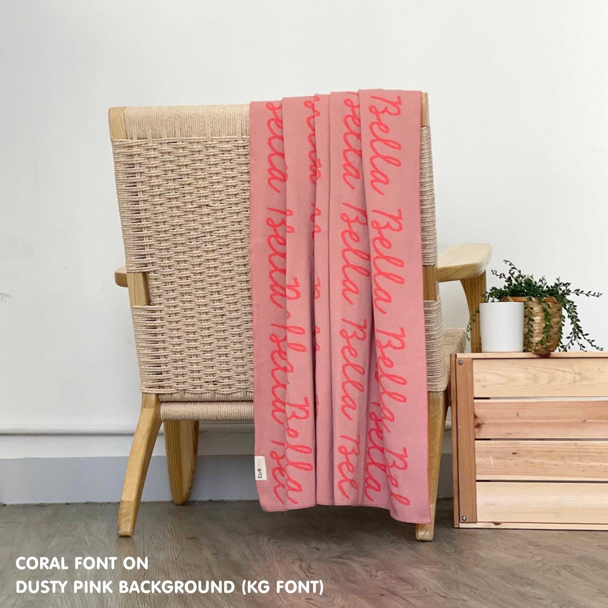 Personalised pet blanket for cats in dusty pink and coral knitted cotton, custom knitted cat blanket by TinyBitz, perfect gift for cat lovers.