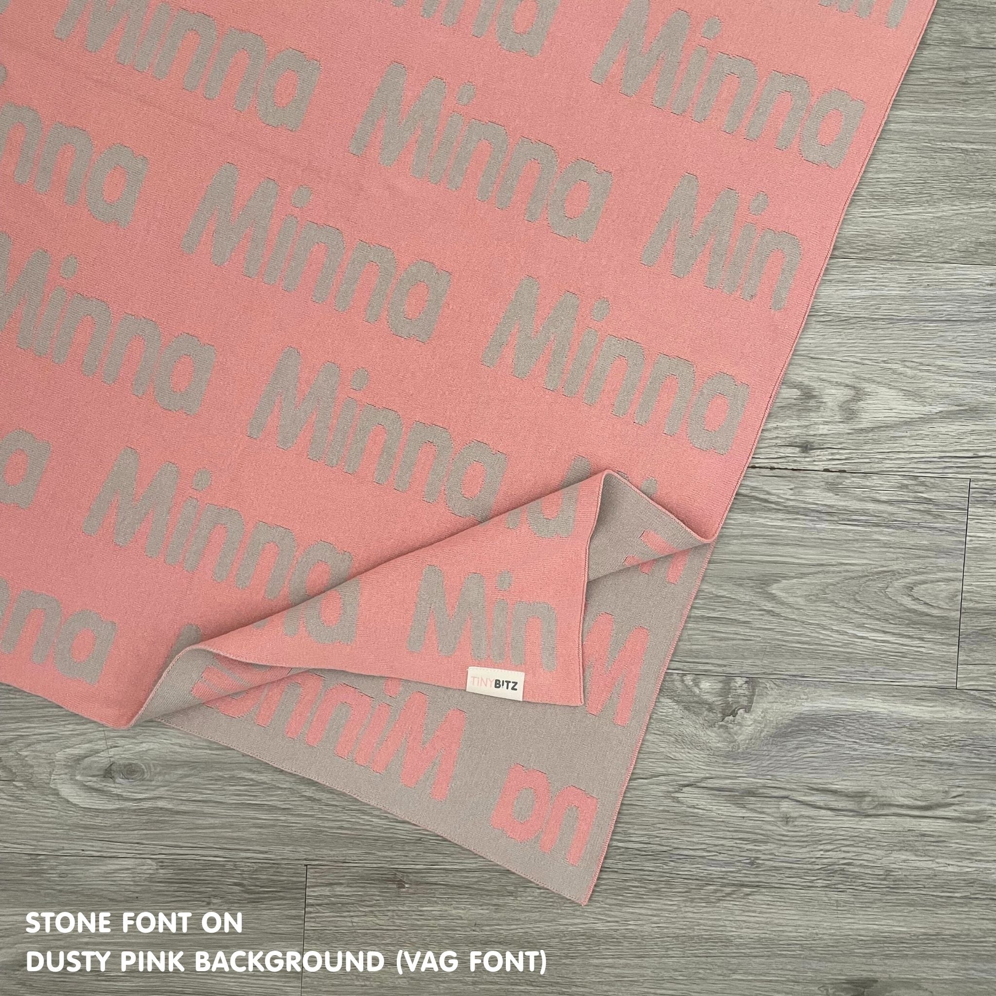 Personalised pet blanket for cats in dusty pink and stone knitted cotton, personalise your cat bed with custom knitted cat blanket by TinyBitz.