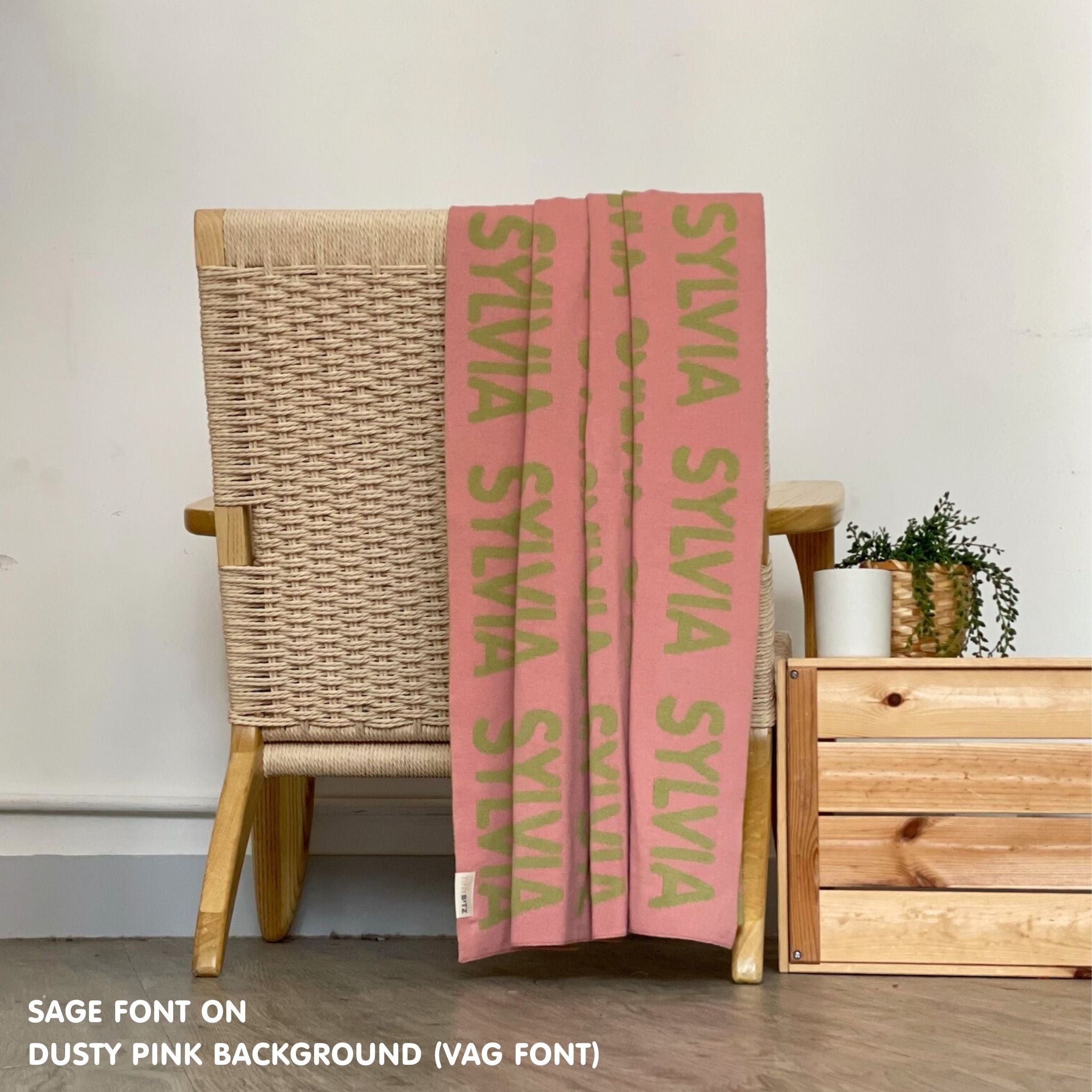 Personalised pet blanket for cats in dusty pink and sage knitted cotton, custom knitted cat blanket by TinyBitz, perfect gift for cat lovers.