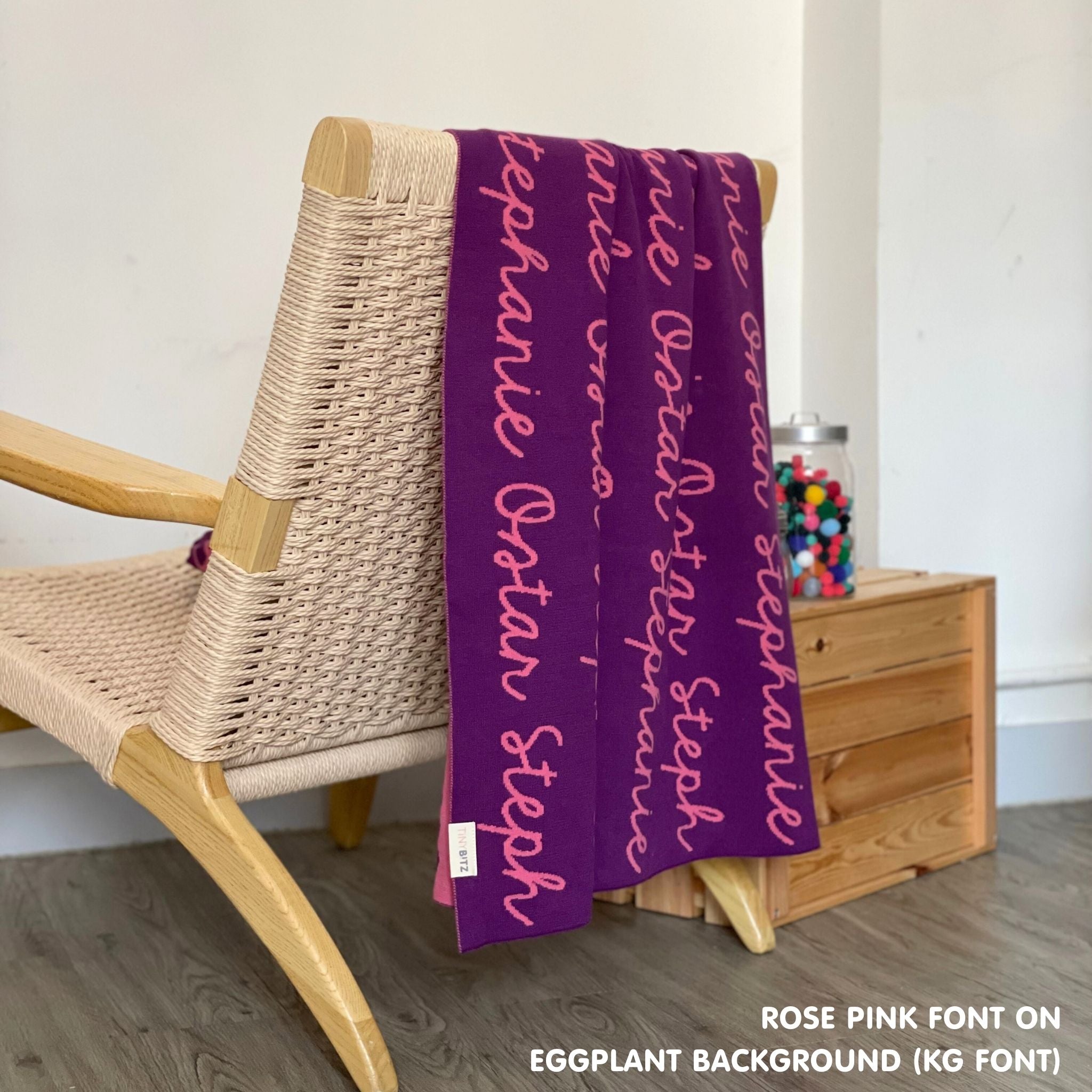 Personalised pet blanket with name Luka in eggplant and rose pink, custom dog blanket by TinyBitz, cozy gift for dogs.