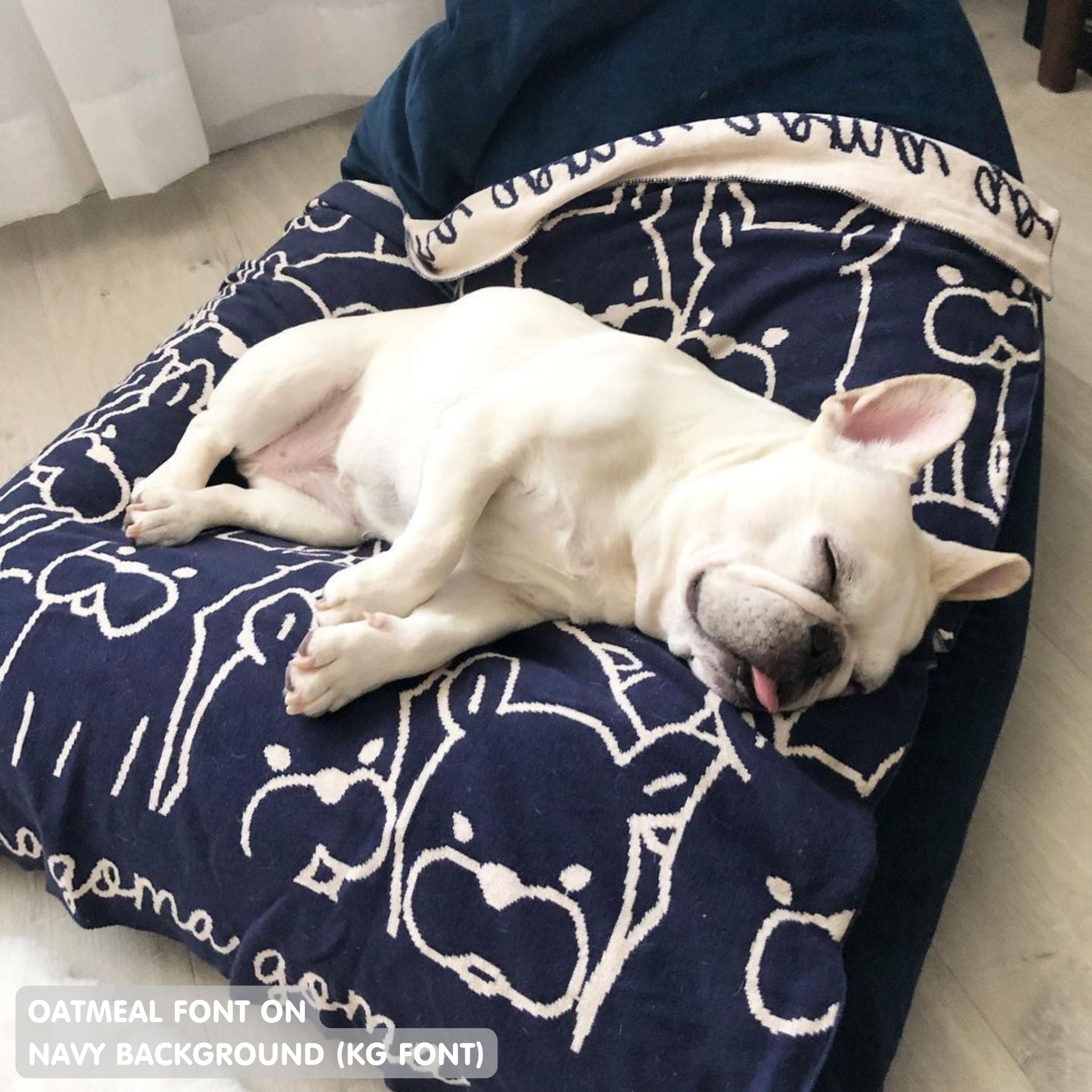 Personalised pet blanket for Frenchie in navy and oatmeal knitted cotton, custom knitted dog blanket by TinyBitz, perfect gift for dog lovers.