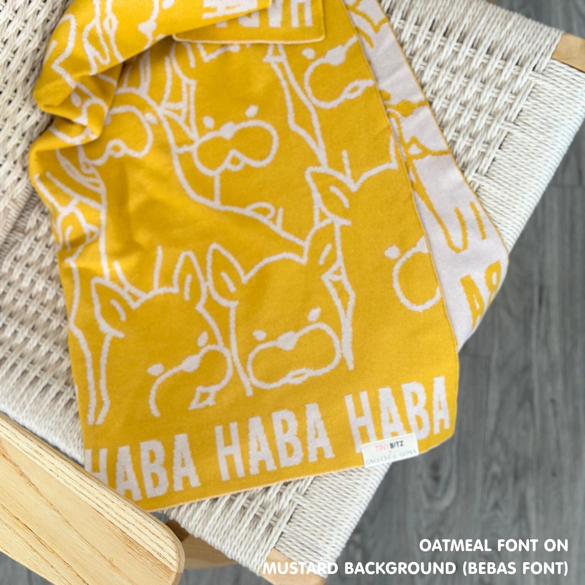 Personalised pet blanket with names HABA in mustard and oatmeal, custom dog blanket by TinyBitz, cozy gift for dogs.