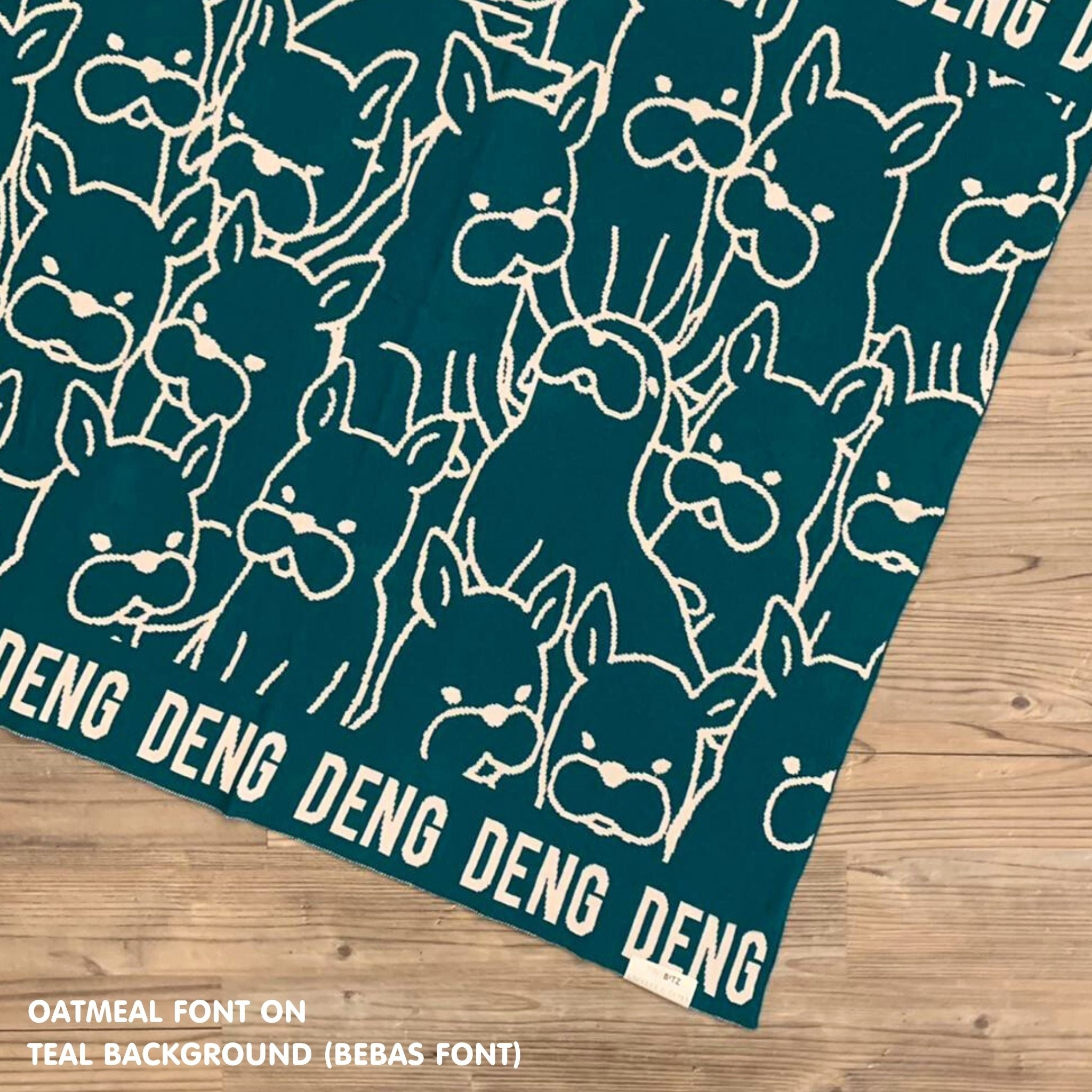 Personalised pet blanket with names DENG in teal and oatmeal, custom dog blanket by TinyBitz, cozy gift for dogs.