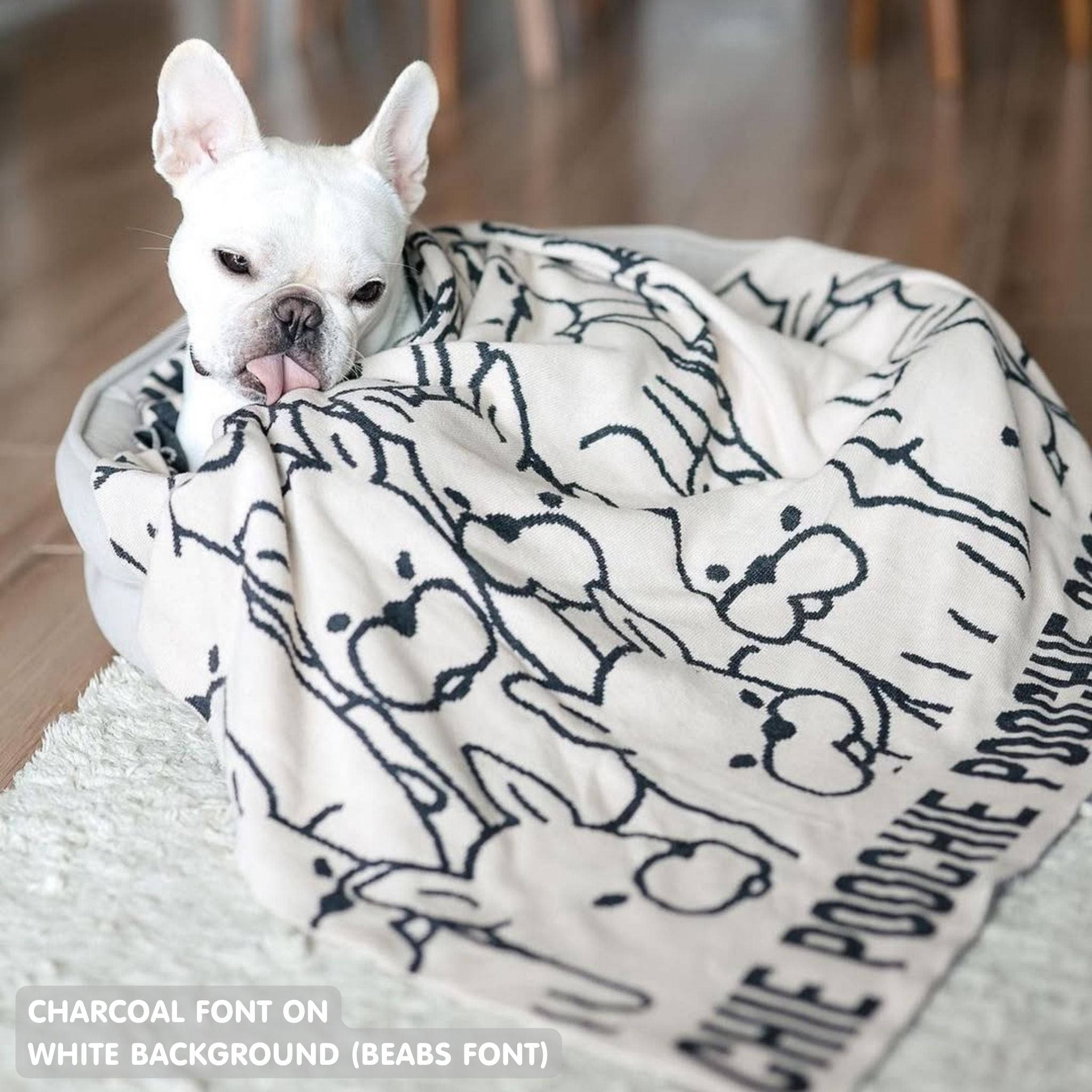 Personalised pet blanket for Frenchie in white and charcoal knitted cotton, custom knitted dog blanket by TinyBitz, perfect gift for dog lovers.