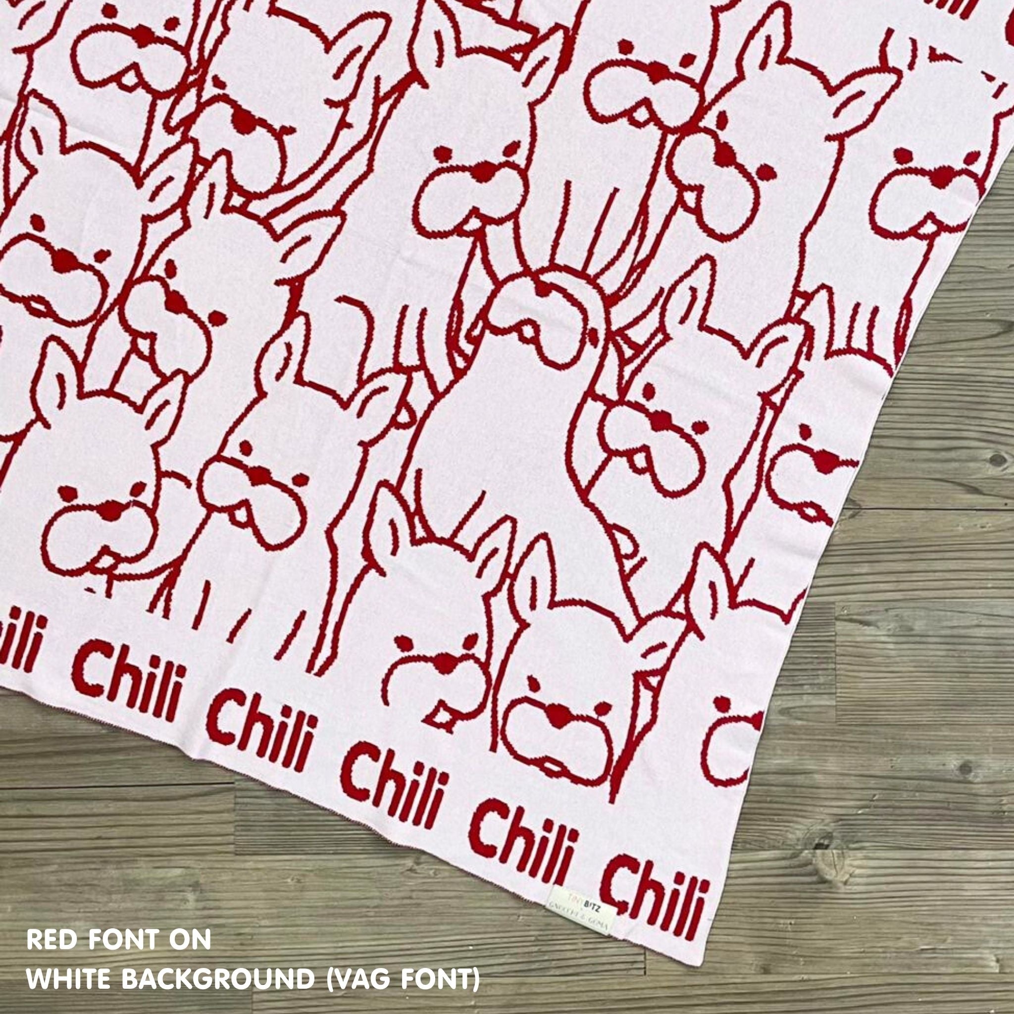 Personalised pet blanket for dogs in white and red knitted cotton, custom knitted dog blanket by TinyBitz, perfect gift for dog lovers.