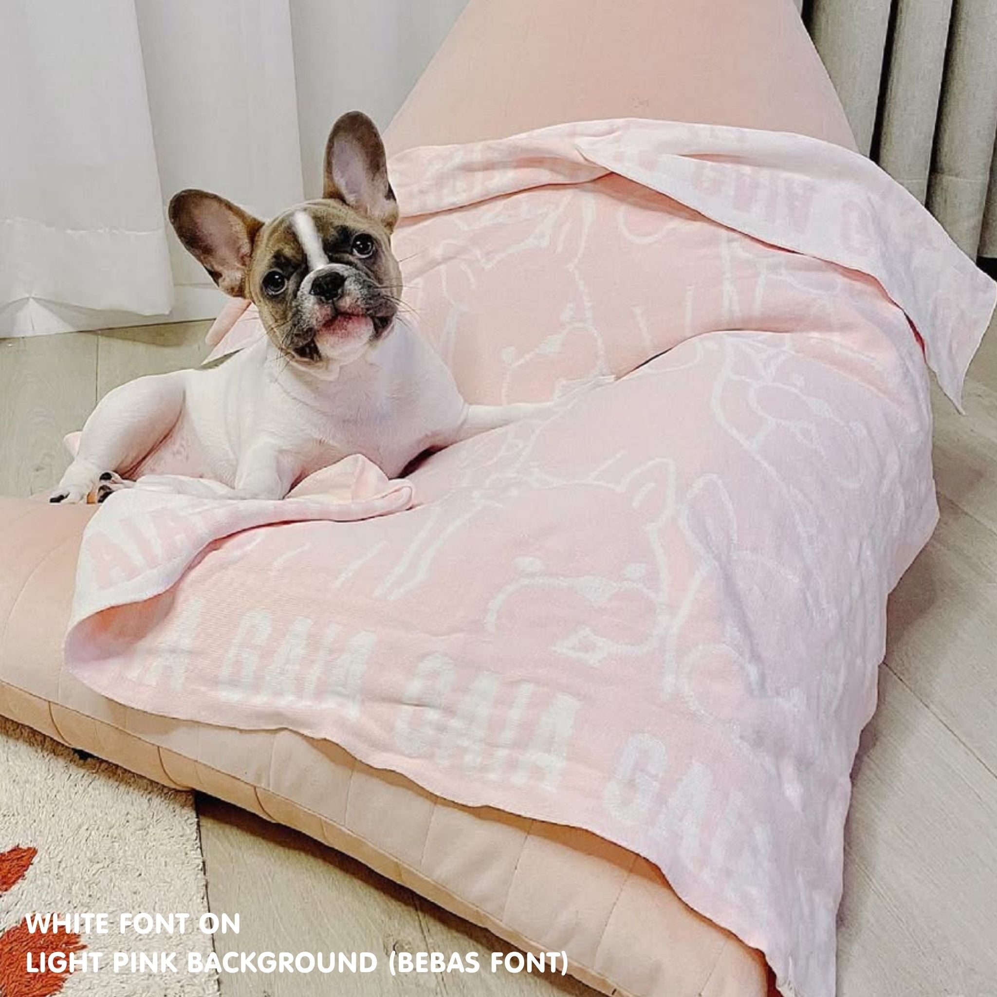 Personalised pet blanket for dogs in light pink and white knitted cotton, personalise your dog bed with custom knitted dog blanket by TinyBitz.