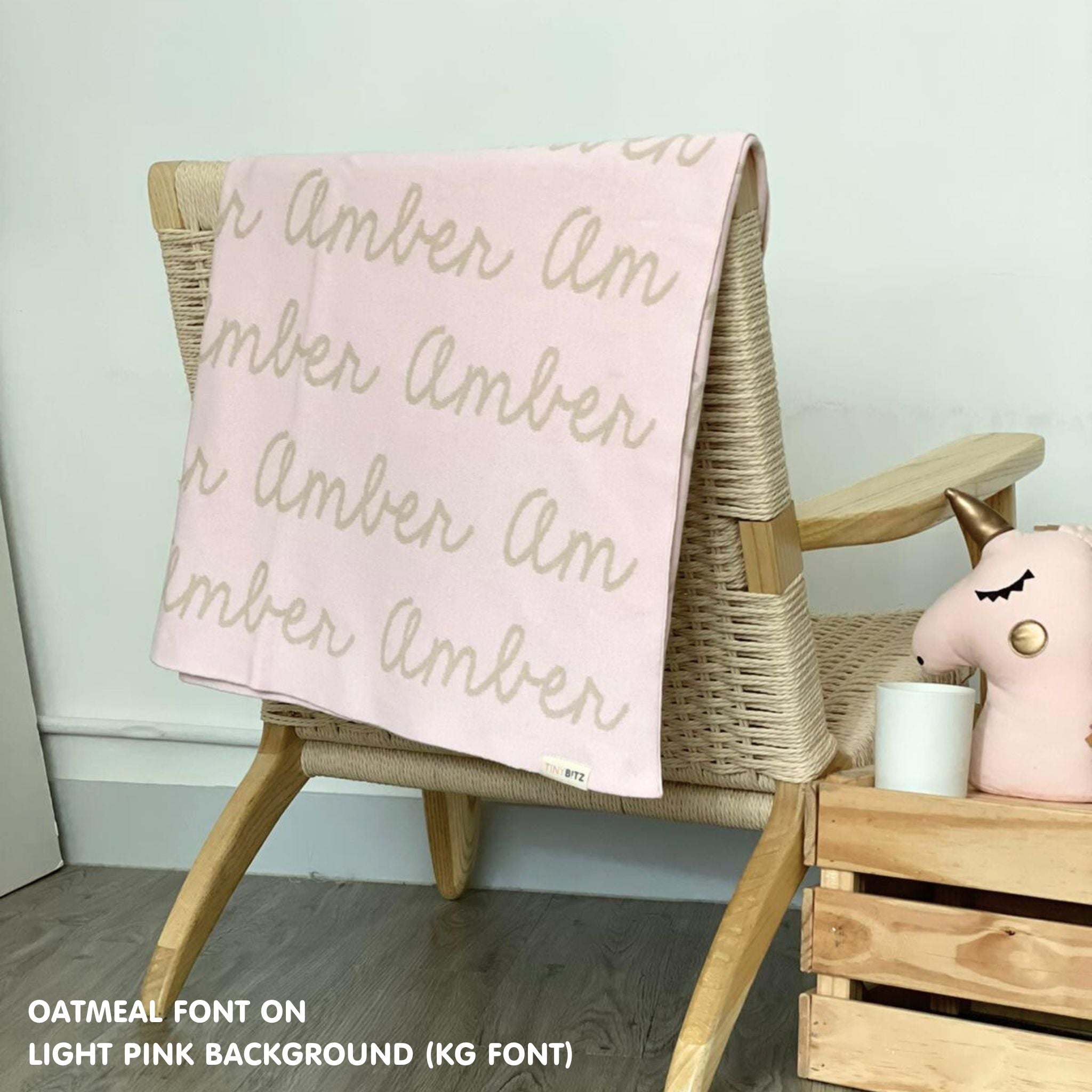 Personalised pet blanket in light pink and oatmeal knitted cotton, custom knitted dog blanket by TinyBitz, perfect gift for dog lovers.