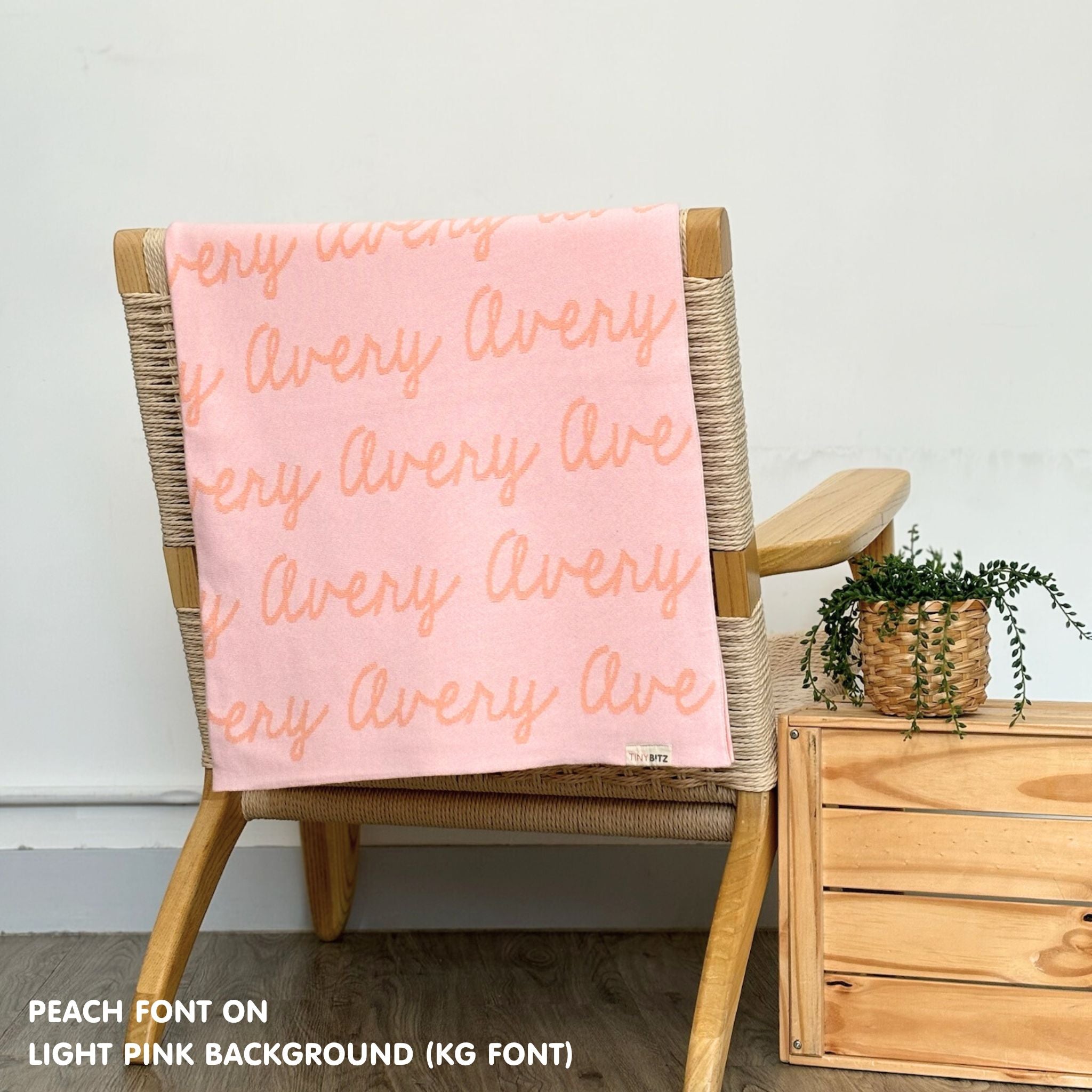 Personalised pet blanket for dogs in light pink and peach knitted cotton, custom knitted dog blanket by TinyBitz, perfect gift for cat lovers.