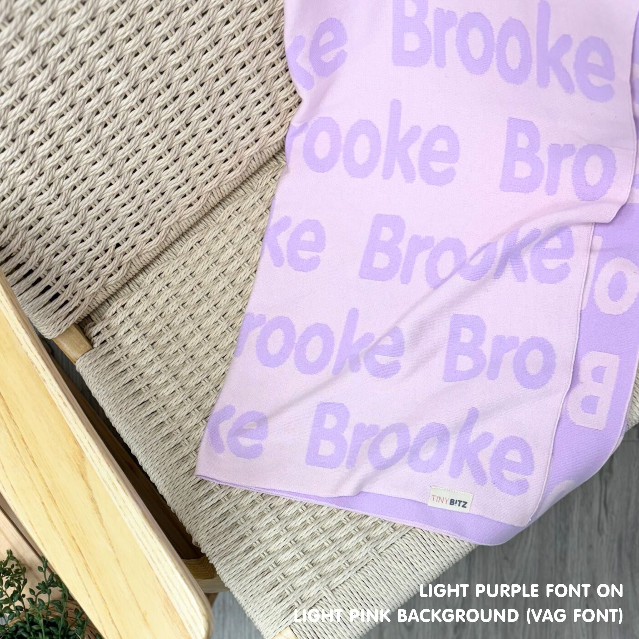 Personalised pet blanket in light pink and light purple knitted cotton, cozy custom cat blanket by TinyBitz, perfect personalized gift for pet lovers.