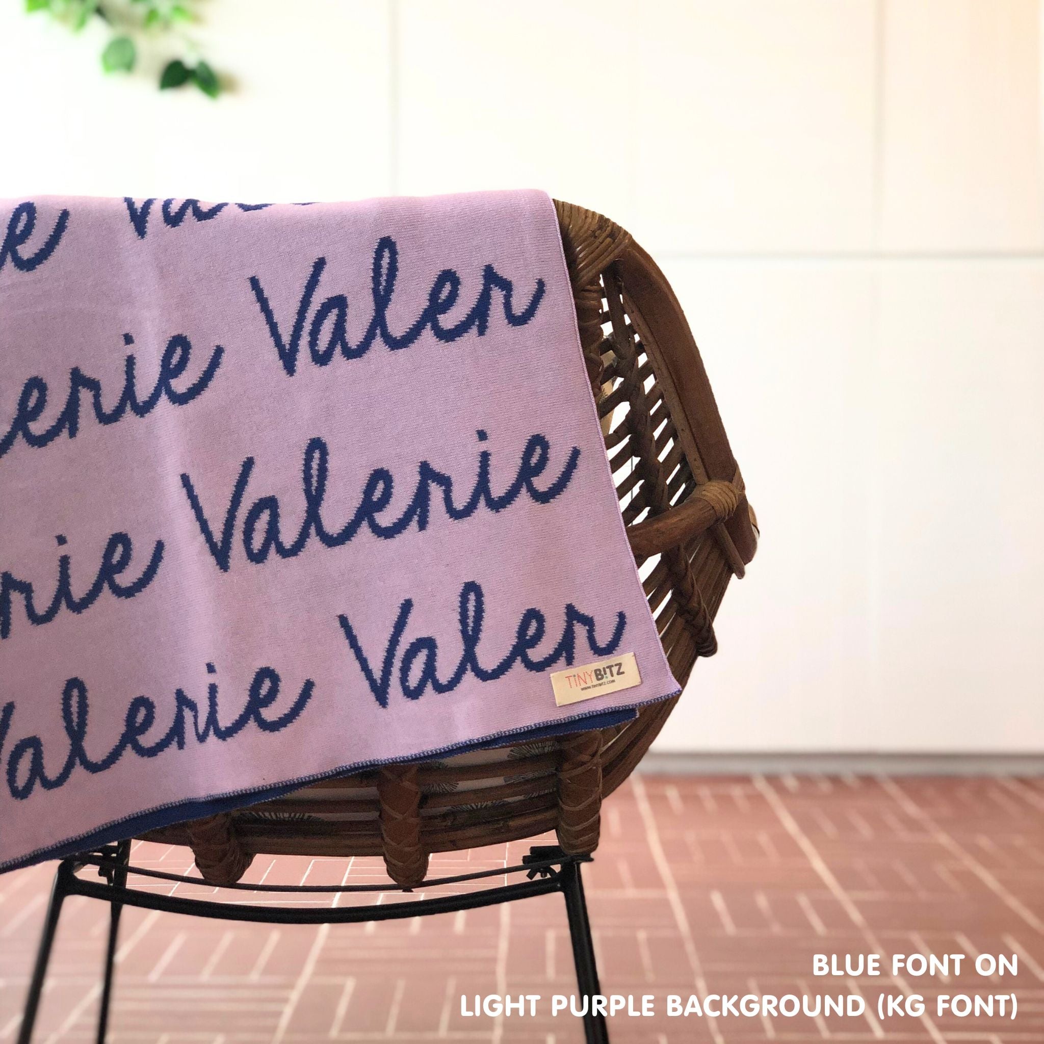 Personalised pet blanket in light purple and blue knitted cotton, custom knitted dog blanket by TinyBitz, perfect gift for dog lovers.