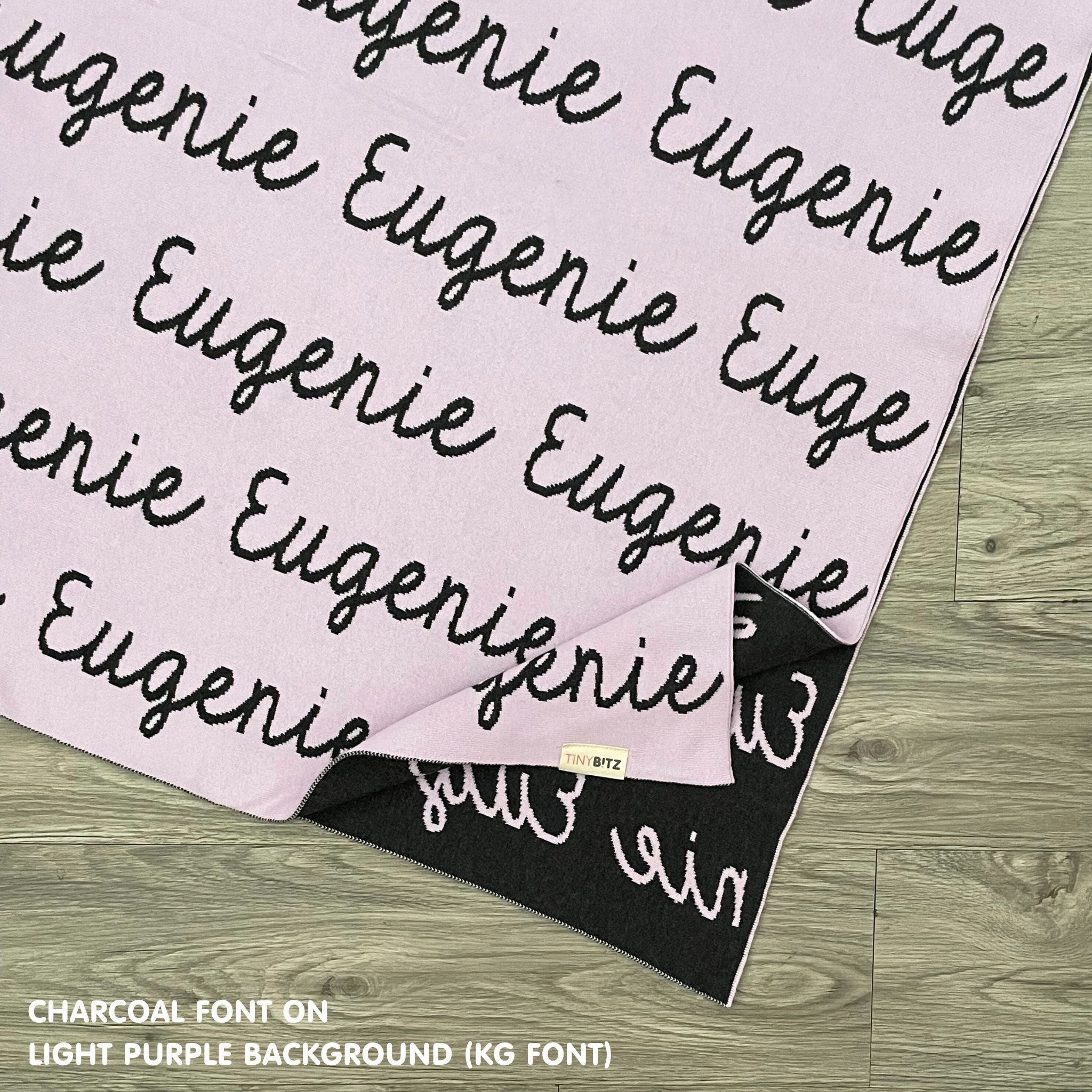 Personalised pet blanket for dogs in light purple and charcoal knitted cotton, custom knitted dog blanket by TinyBitz, perfect gift for cat lovers.