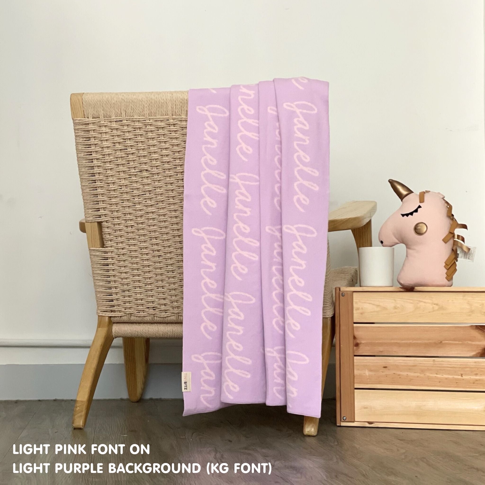 Personalised pet blanket for dogs in light purple and light pink, custom knitted dog blanket by TinyBitz, cozy gift for small dogs.