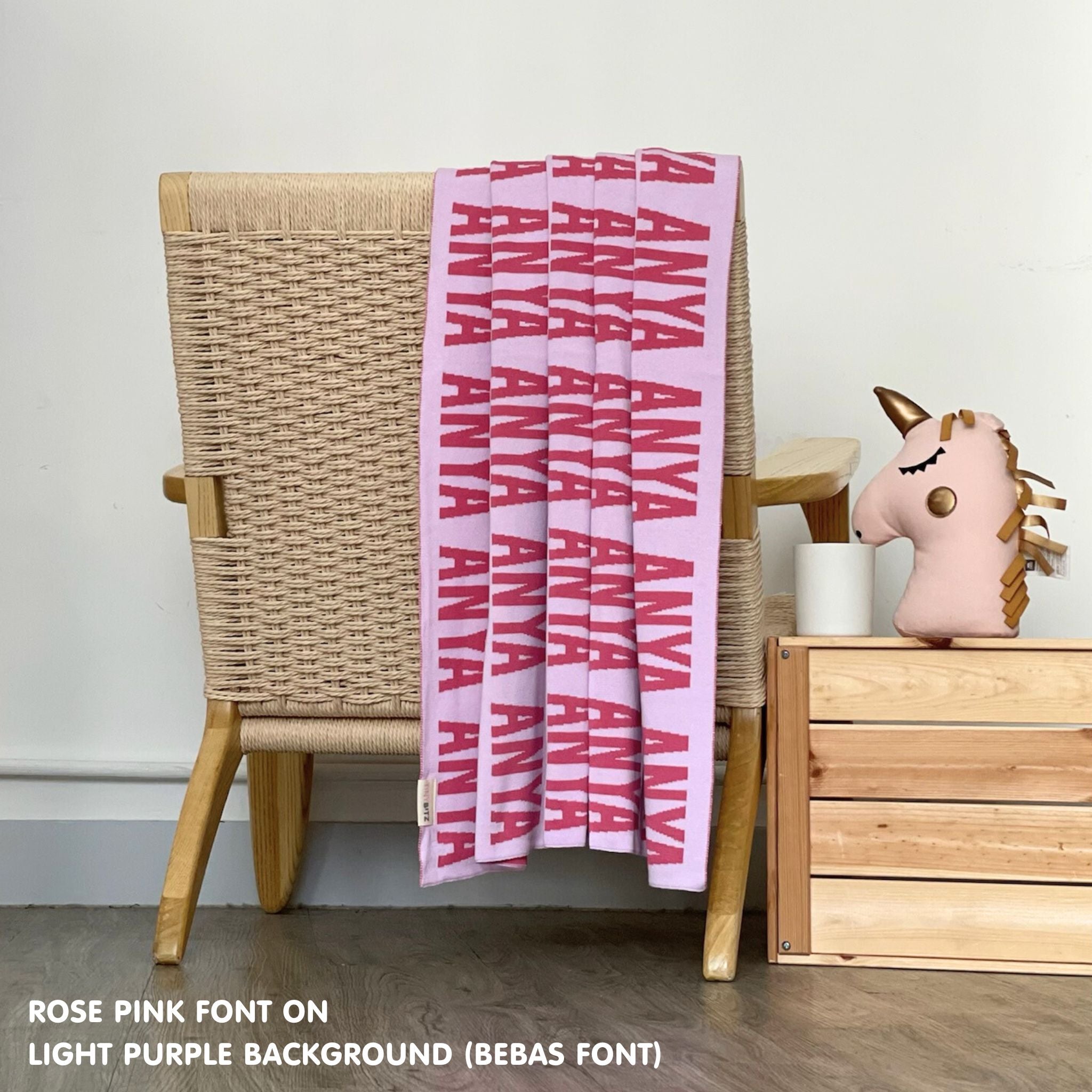 Personalised pet blanket in light purple and rose pink knitted cotton, custom knitted dog blanket by TinyBitz, perfect gift for dog lovers.