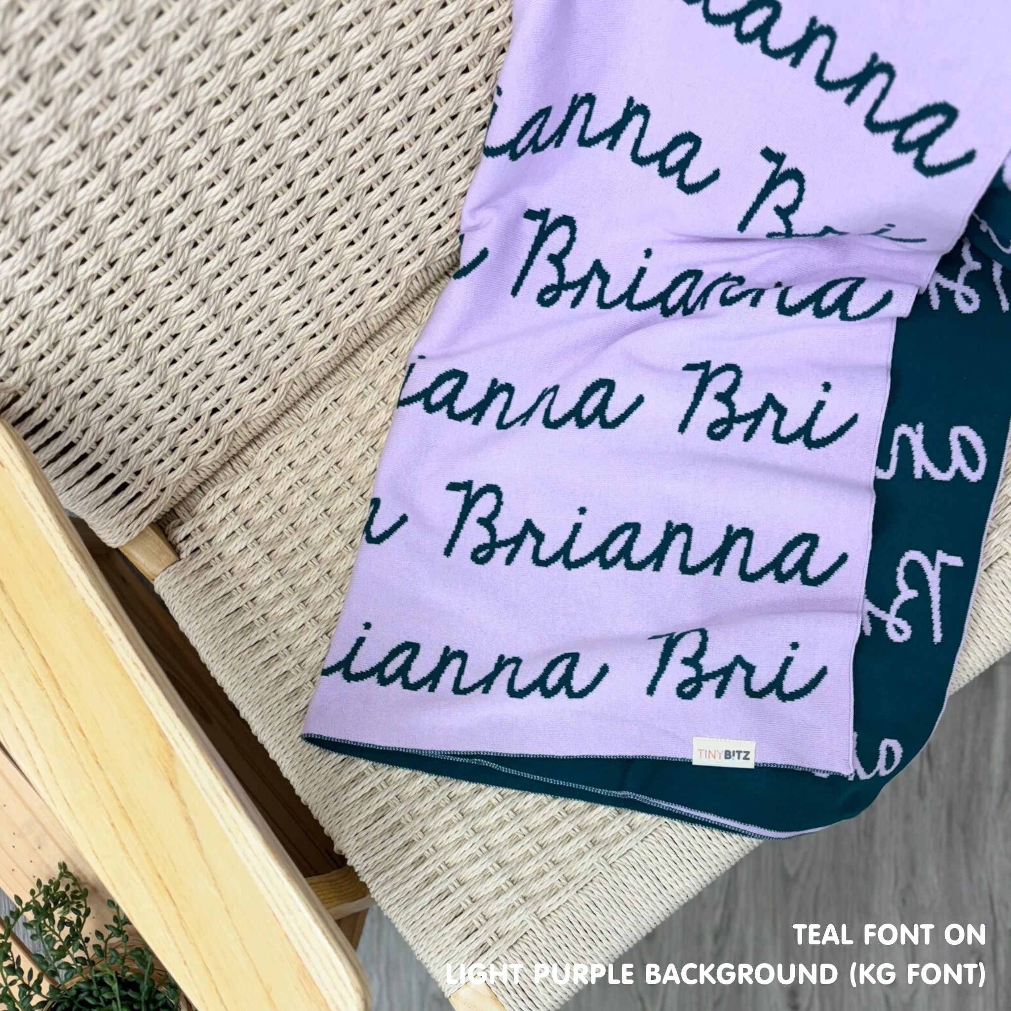 Personalised pet blanket for dogs in light purple and teal knitted cotton, custom knitted dog blanket by TinyBitz, perfect gift for cat lovers.