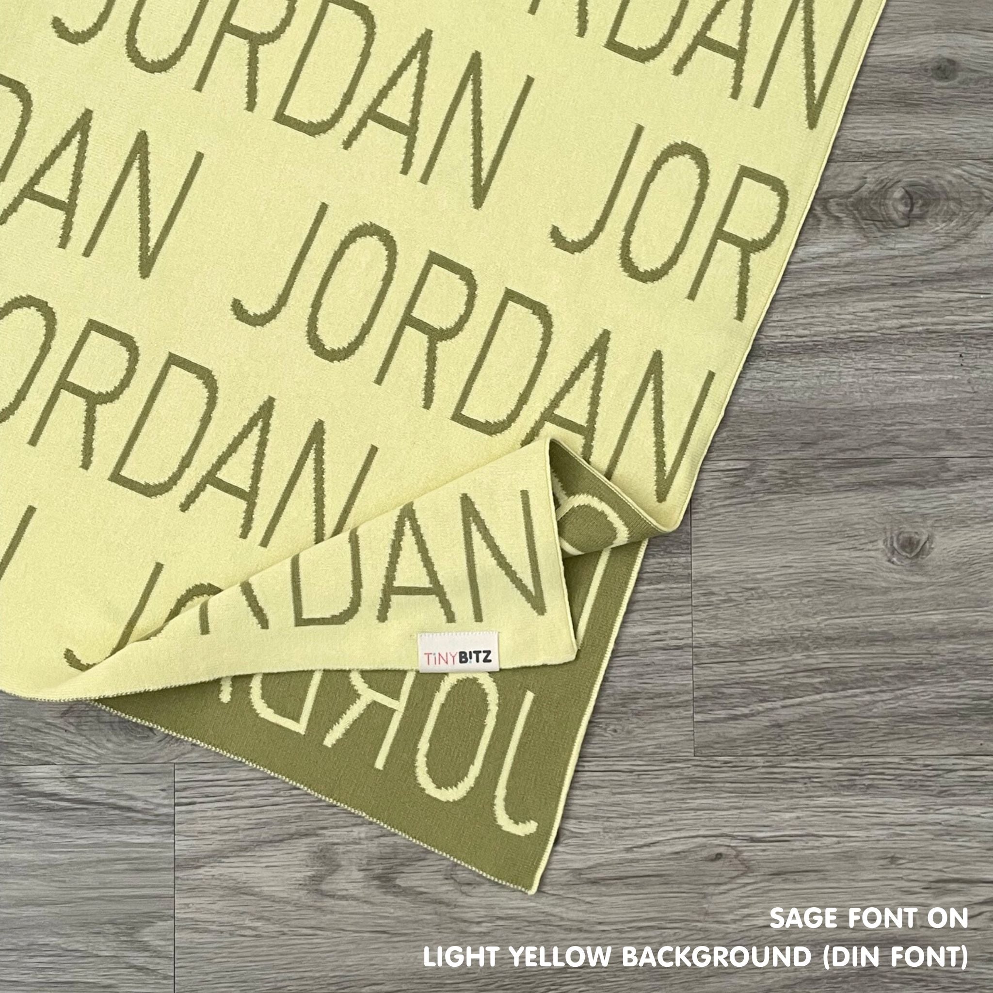 Personalised pet blanket for dogs in light yellow and sage knitted cotton, custom knitted dog blanket by TinyBitz, perfect gift for cat lovers.