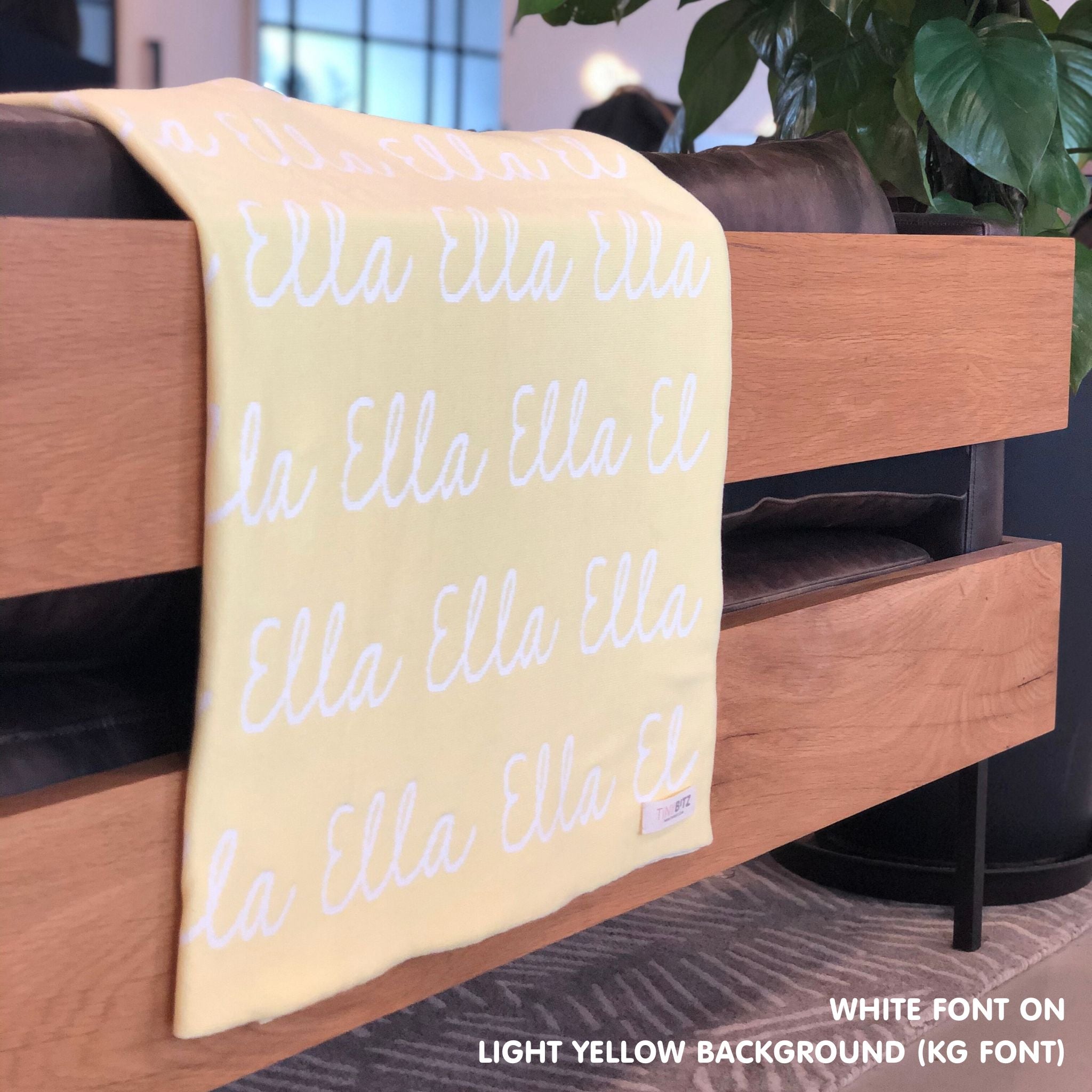 Personalised pet blanket for cats in light yellow and white knitted cotton, personalise your cat bed with custom knitted cat blanket by TinyBitz.