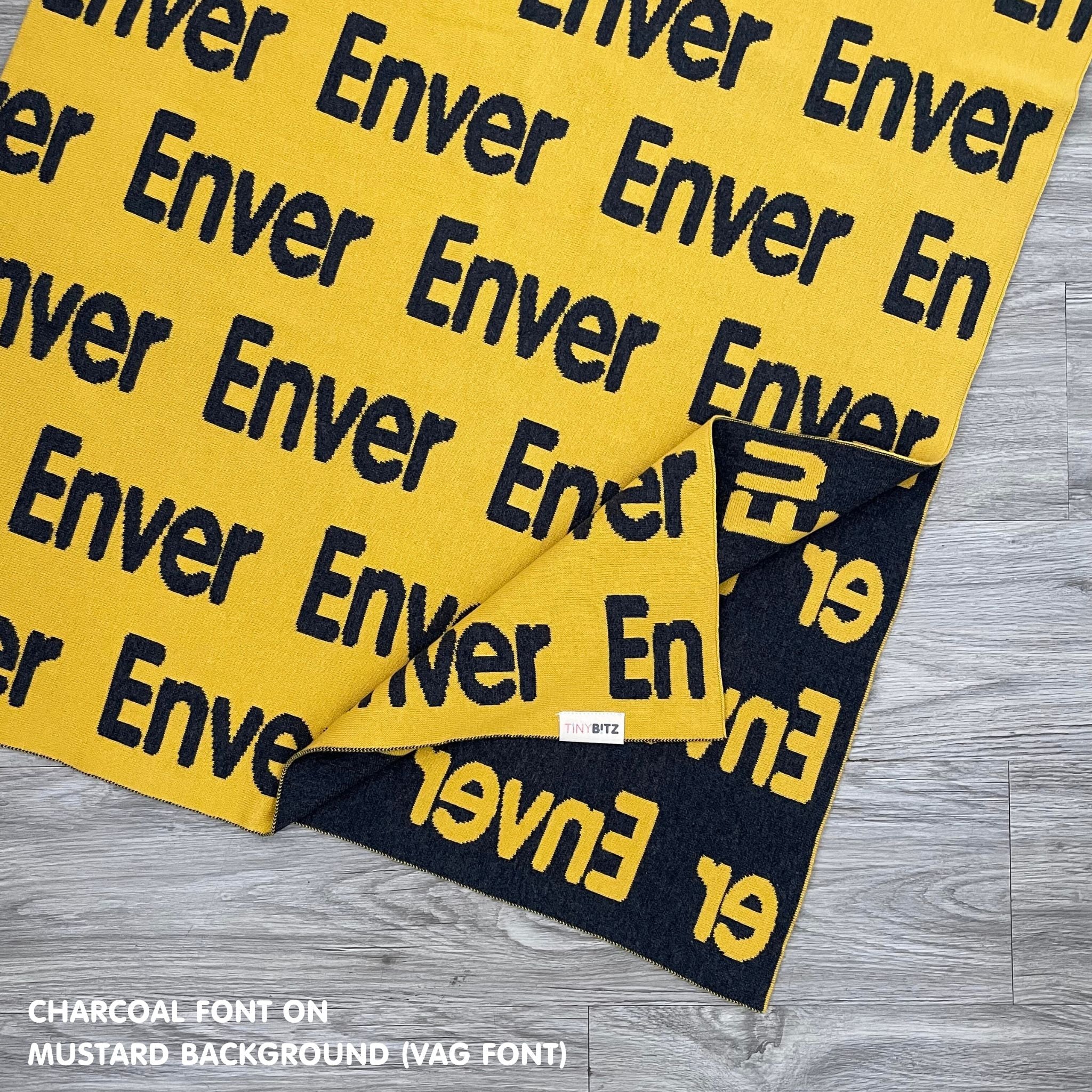 Personalised pet blanket for cats in mustard and charcoal knitted cotton, custom knitted cat blanket by TinyBitz, perfect gift for cat lovers.