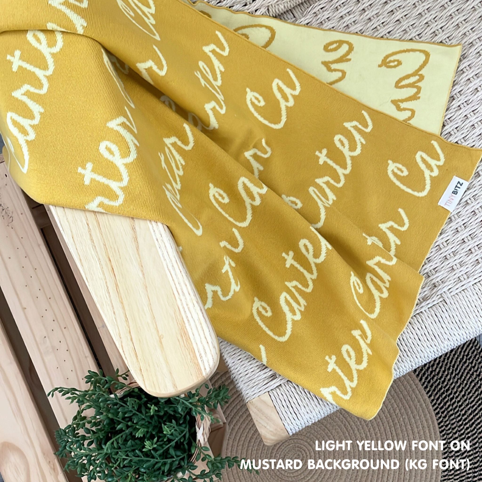Personalised pet blanket with name Carter in mustard and light yellow, custom dog blanket by TinyBitz, cozy gift for dogs.