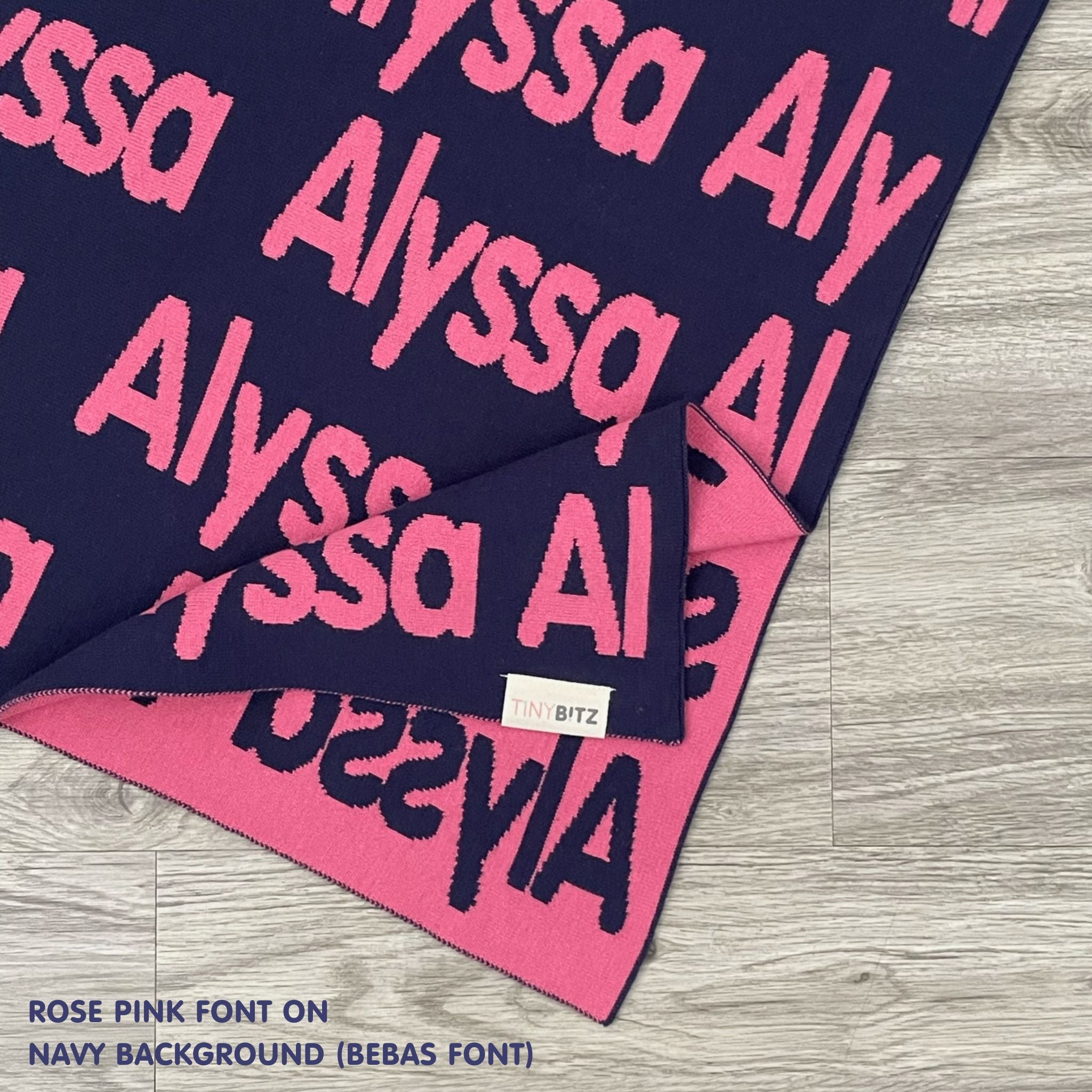 Personalised pet blanket for cats in navy and rose pink knitted cotton, custom knitted cat blanket by TinyBitz, perfect gift for cat lovers.