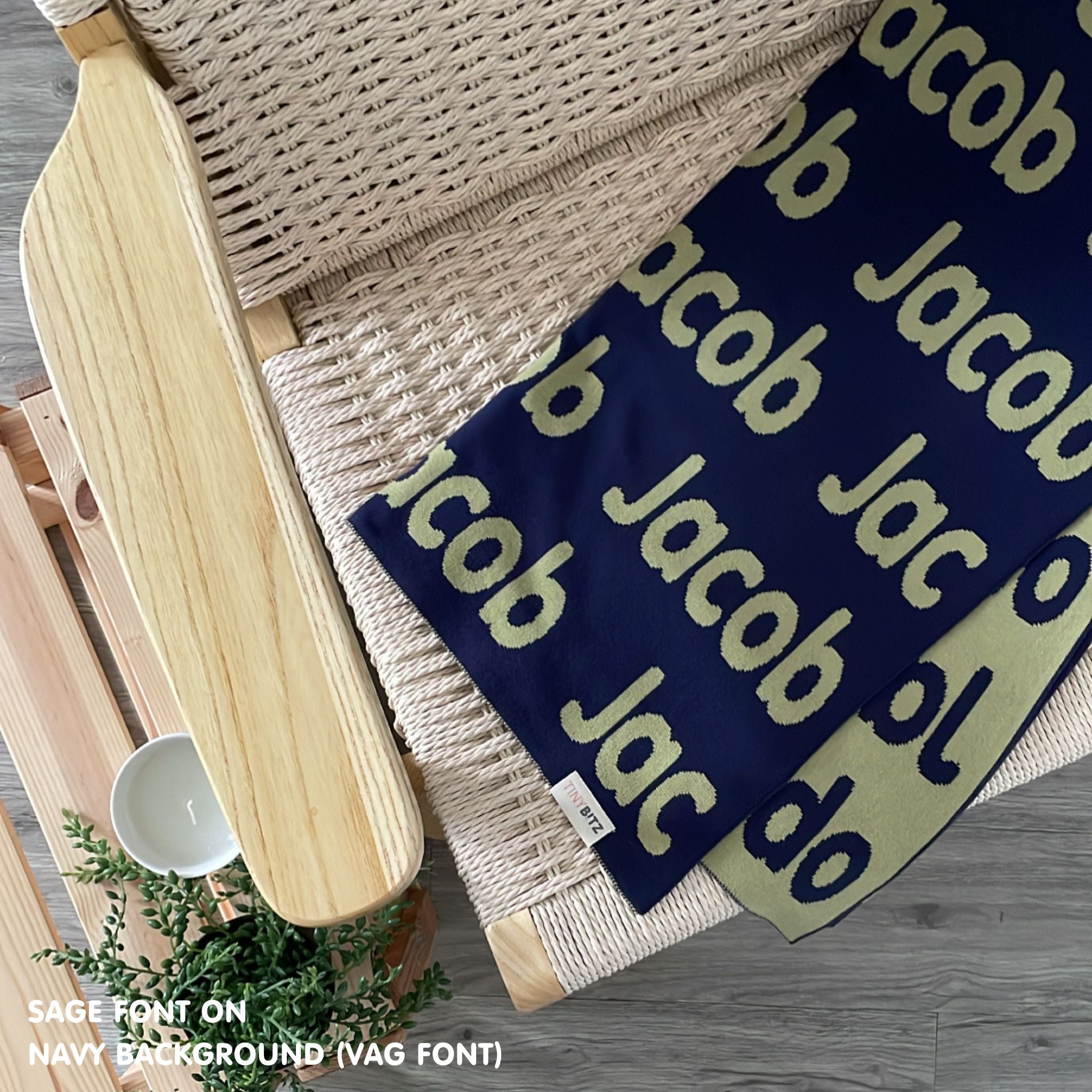 Personalised pet blanket for cats in navy and sage knitted cotton, personalise your cat bed with custom knitted cat blanket by TinyBitz.