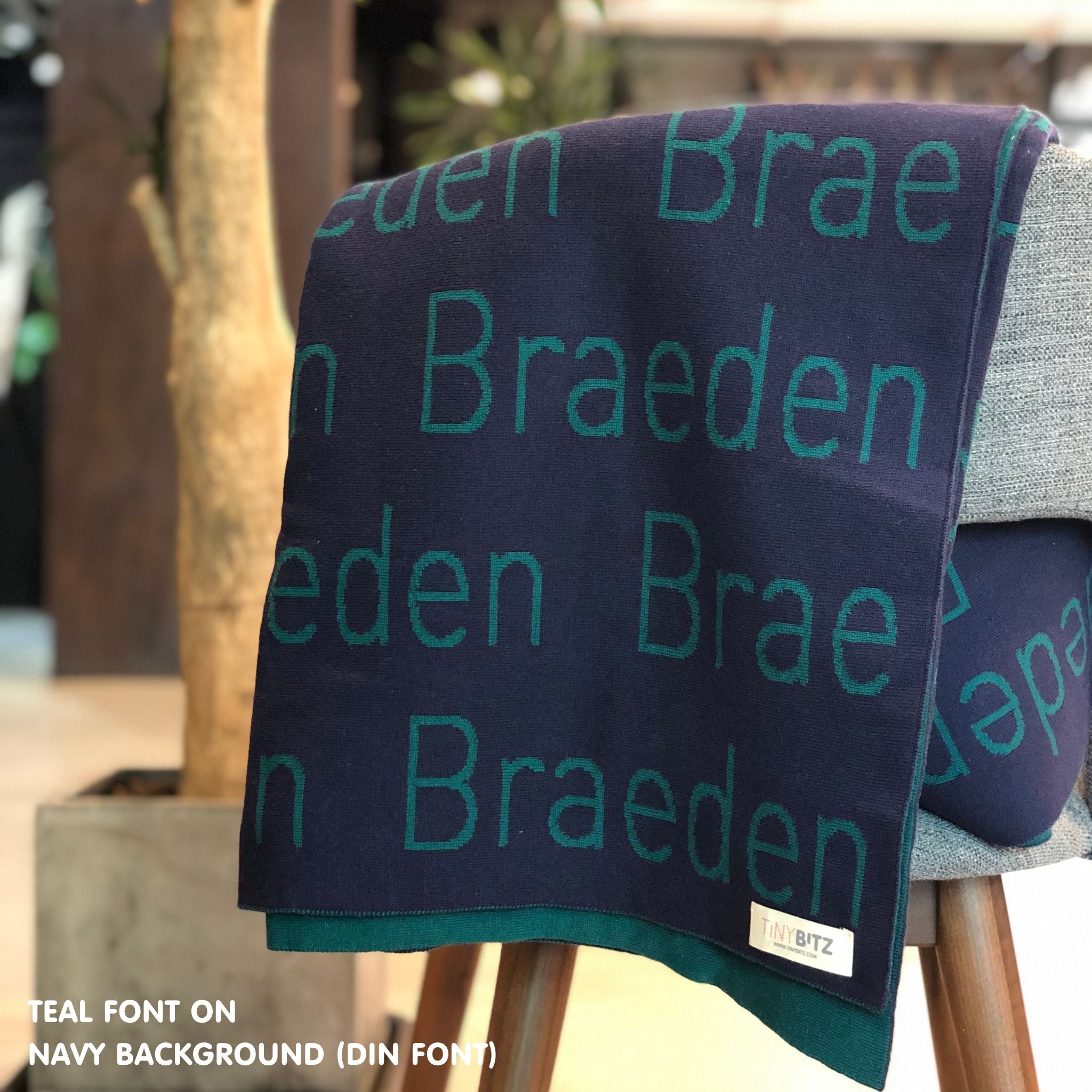 Personalised pet blanket with name Braeden in navy and teal, custom dog blanket by TinyBitz, cozy gift for dogs.