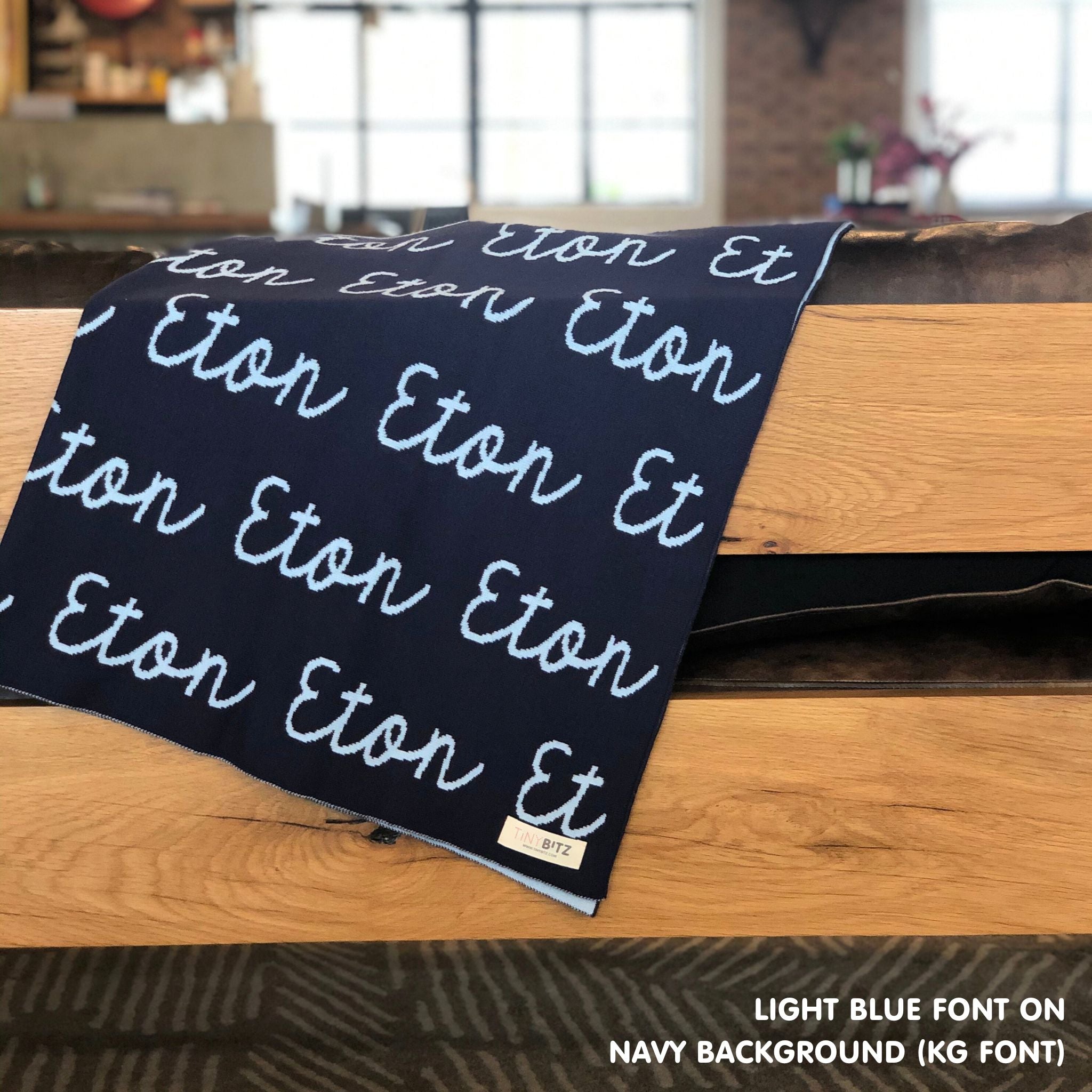 Personalised pet blanket for cats in navy and light blue knitted cotton, custom knitted cat blanket by TinyBitz, perfect gift for cat lovers.