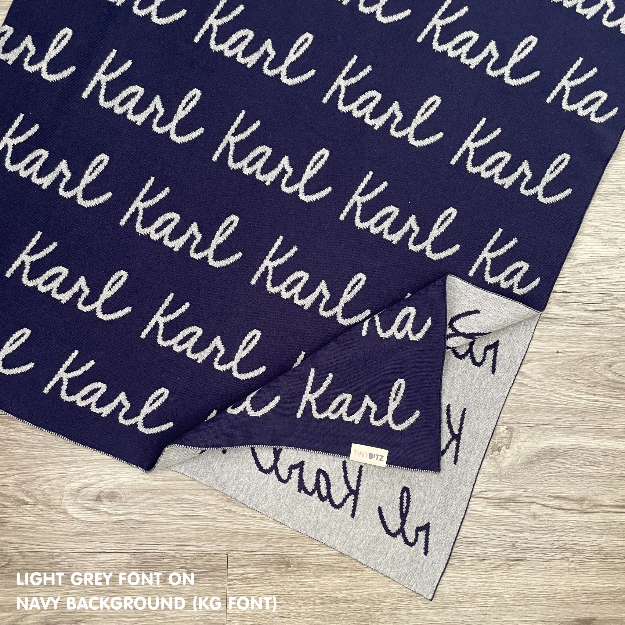 Personalised pet blanket for cats in navy and light grey knitted cotton, personalise your cat bed with custom knitted cat blanket by TinyBitz.