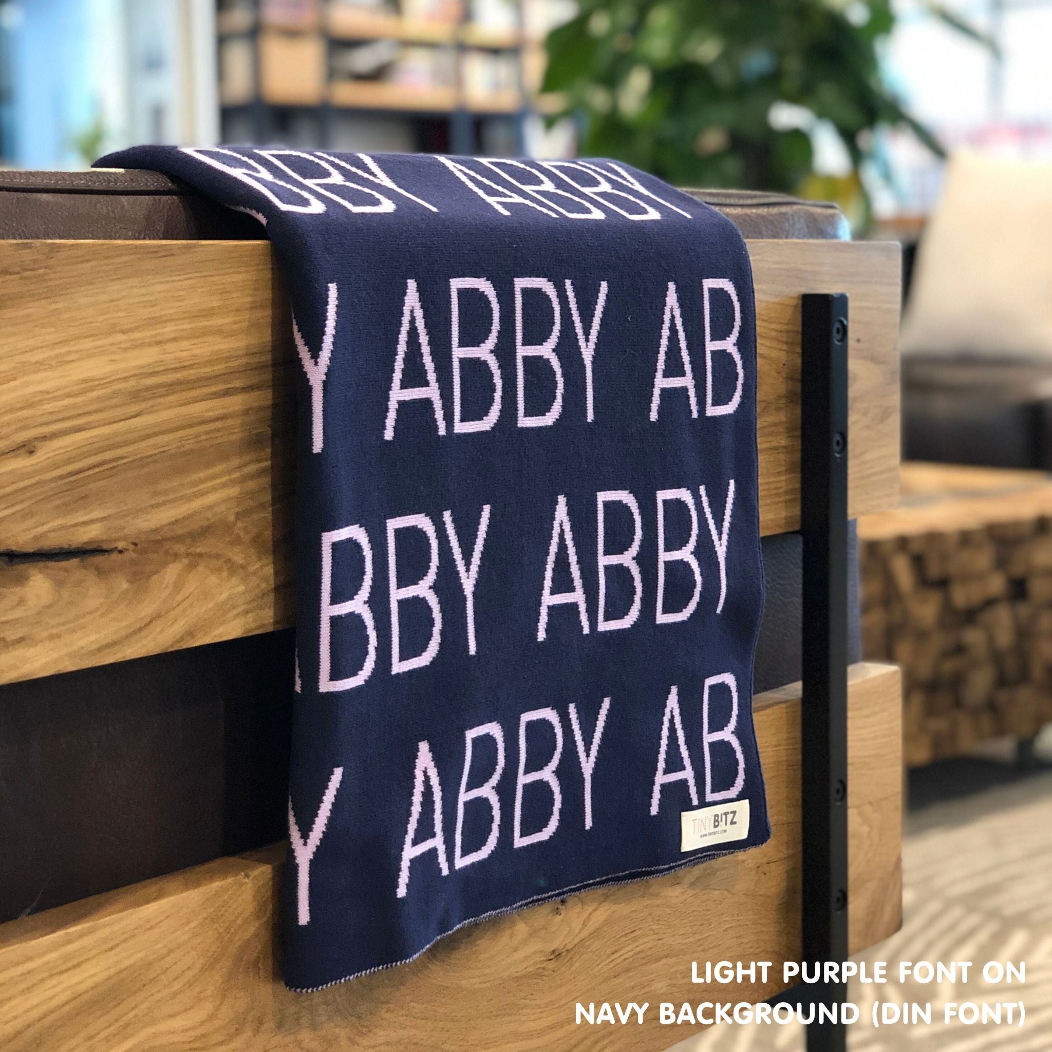 Personalised pet blanket with name ABBY in navy and light purple, custom dog blanket by TinyBitz, cozy gift for dogs.