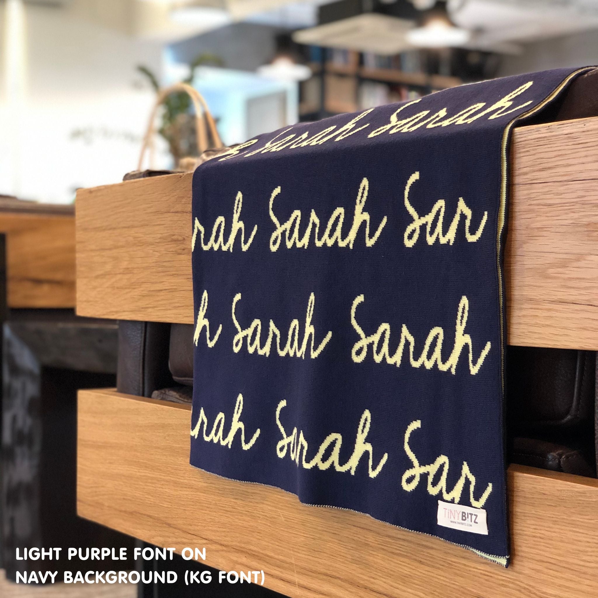 Personalised pet blanket in navy and light yellow knitted cotton, cozy custom cat blanket by TinyBitz, perfect personalized gift for pet lovers.