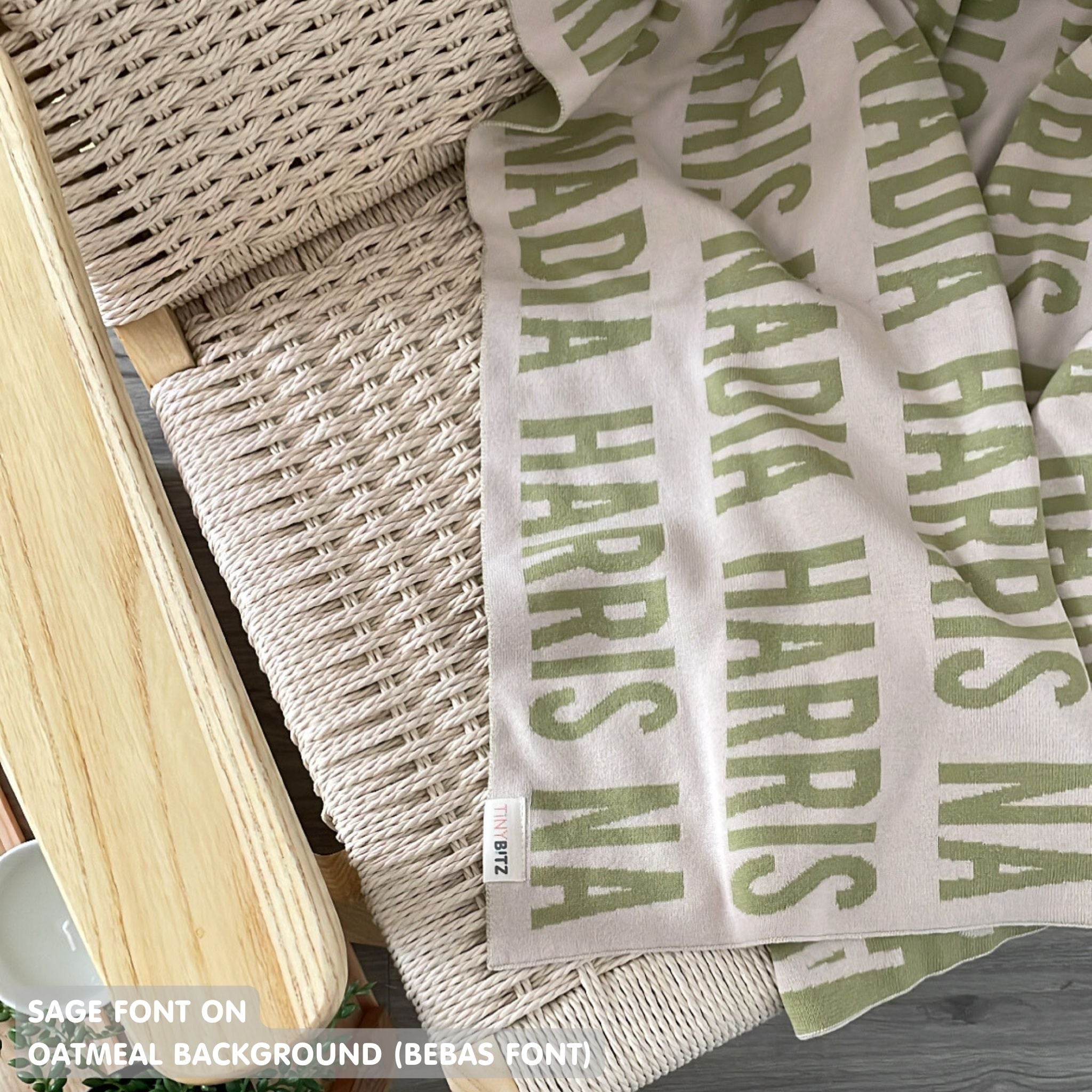 Personalised pet blanket in oatmeal and sage knitted cotton, custom knitted dog blanket by TinyBitz, perfect gift for dog lovers.