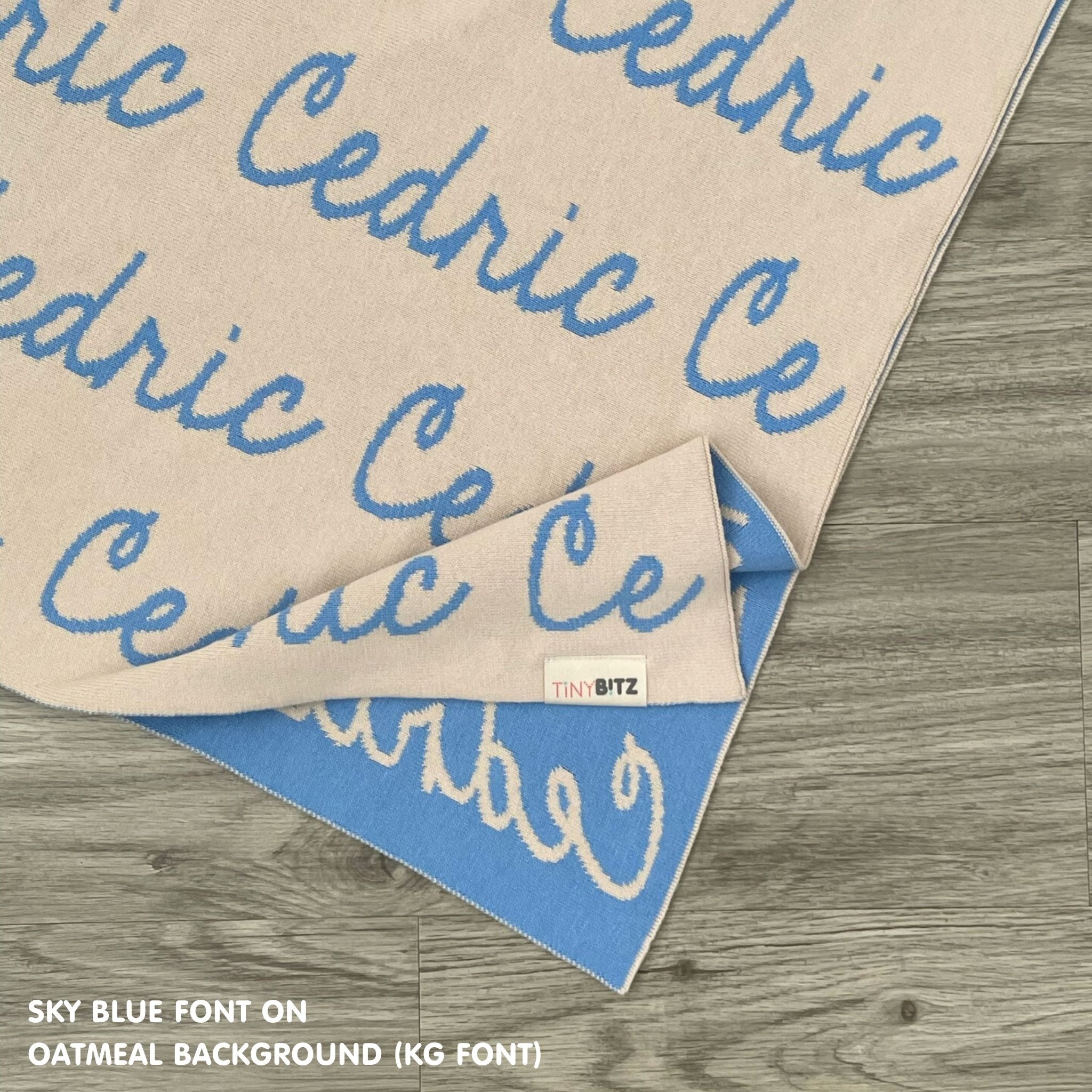 Personalised pet blanket in oatmeal and sky blue knitted cotton, custom knitted dog blanket by TinyBitz, perfect gift for dog lovers.