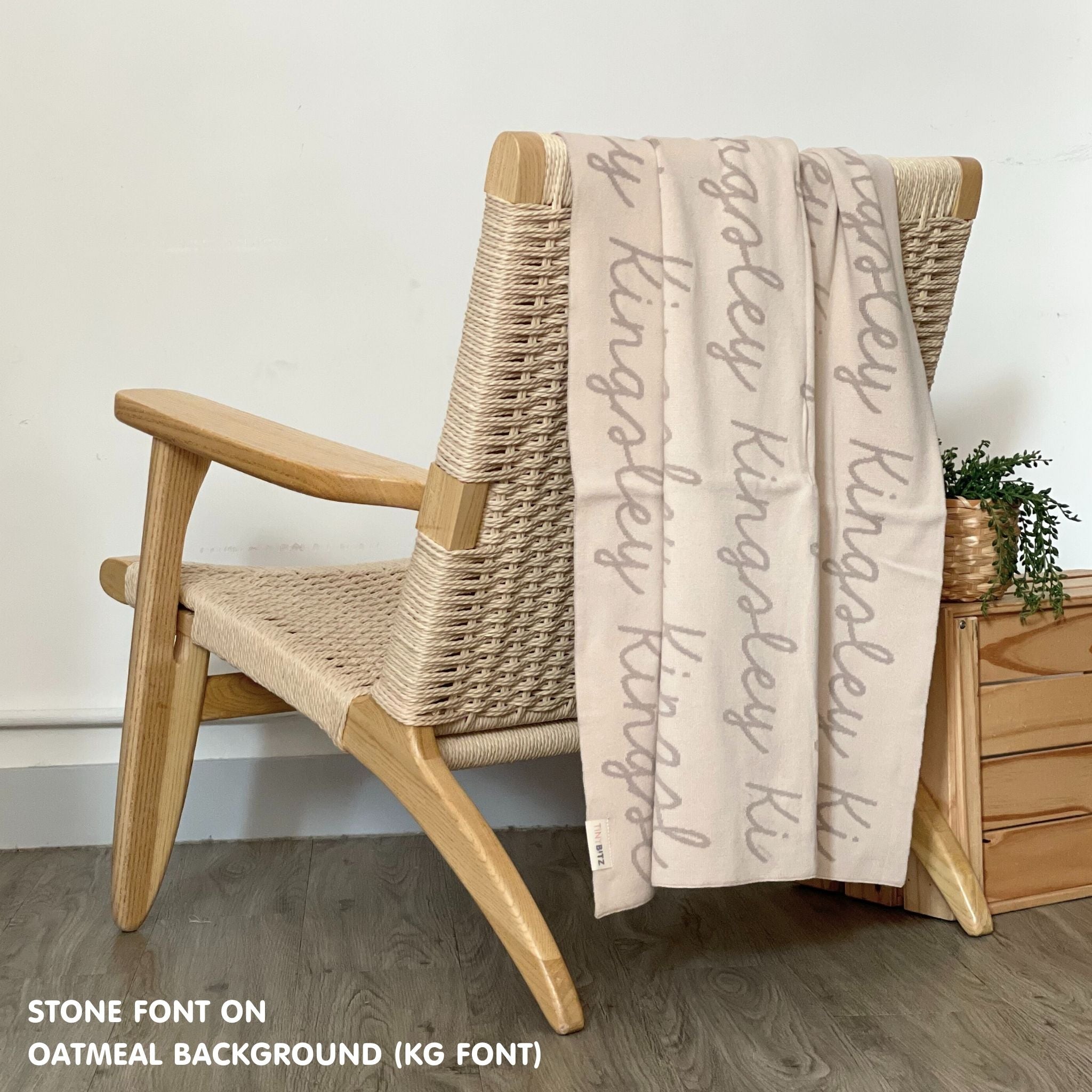 Personalised pet blanket for dogs in oatmeal and stone knitted cotton, custom knitted dog blanket by TinyBitz, perfect gift for cat lovers.