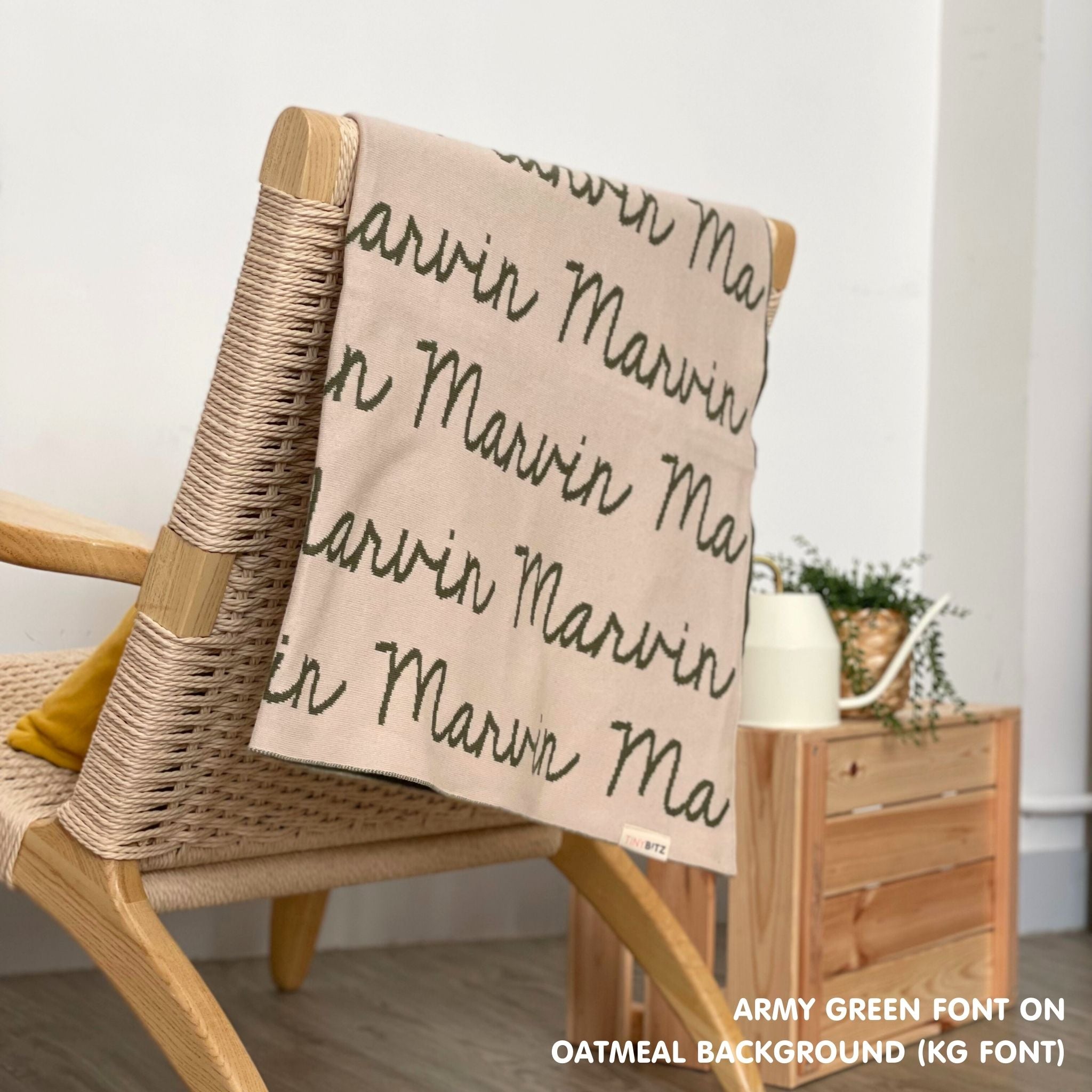 Personalised pet blanket with name Marvin in oatmeal and army green custom dog blanket by TinyBitz, cozy gift for dogs.