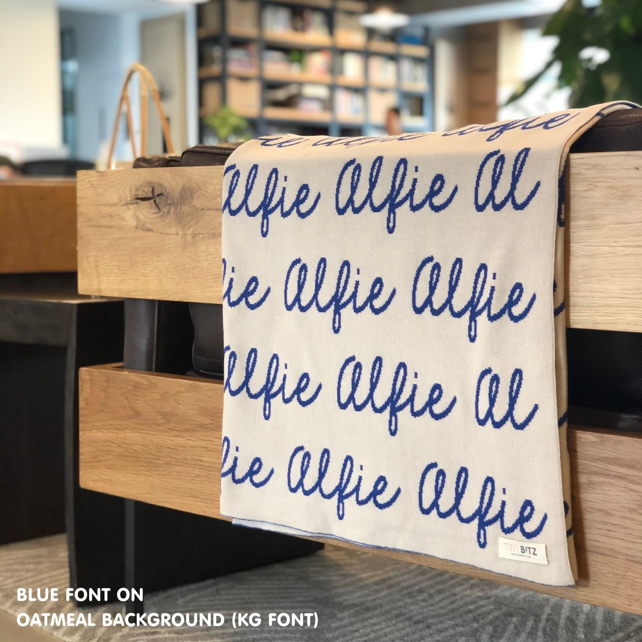 Personalised pet blanket in oatmeal and blue knitted cotton, cozy custom cat blanket by TinyBitz, perfect personalized gift for pet lovers.