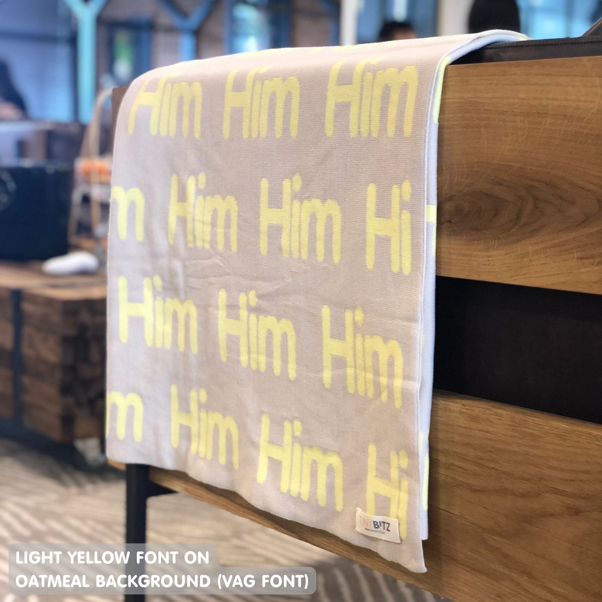 Personalised pet blanket in oatmeal and light yellow knitted cotton, cozy custom cat blanket by TinyBitz, perfect personalized gift for pet lovers.