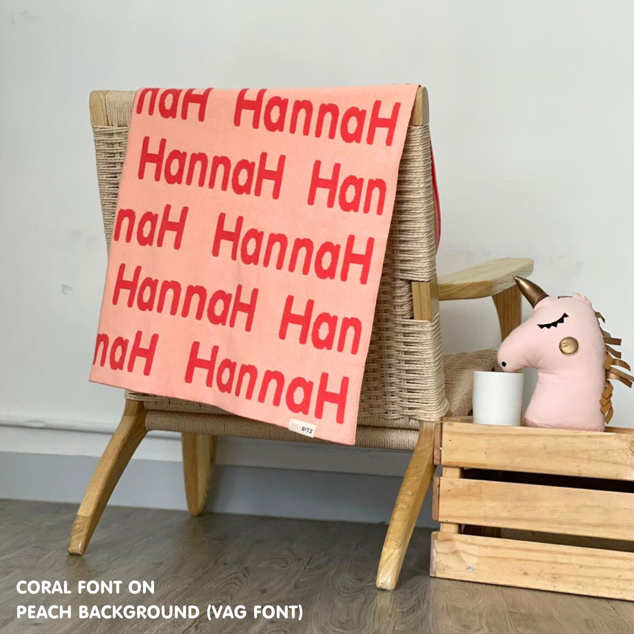 Personalised pet blanket for dogs in peach and coral, custom knitted dog blanket by TinyBitz, cozy gift for small dogs.