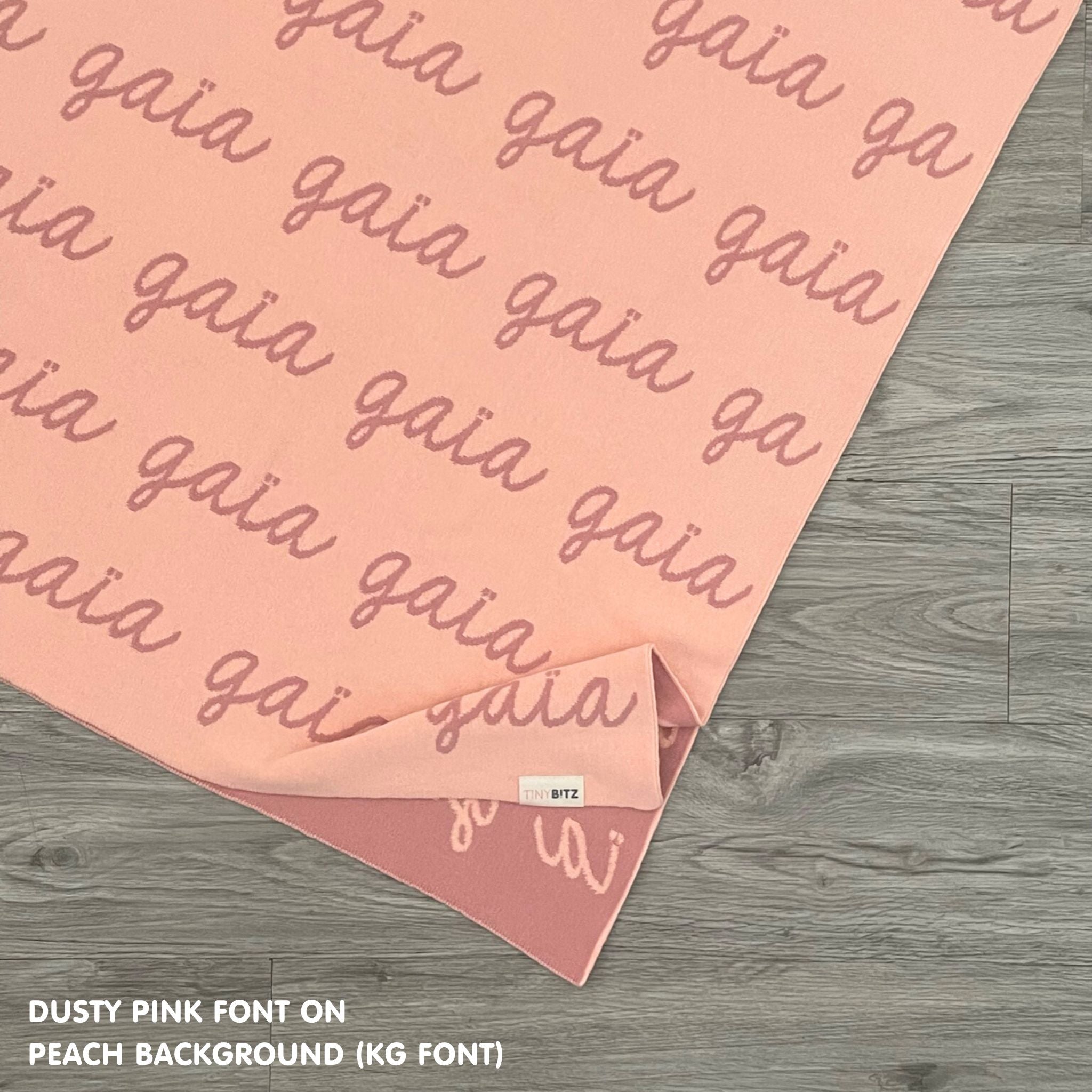 Personalised pet blanket in peach and dusty pink knitted cotton, cozy custom cat blanket by TinyBitz, perfect personalized gift for pet lovers.