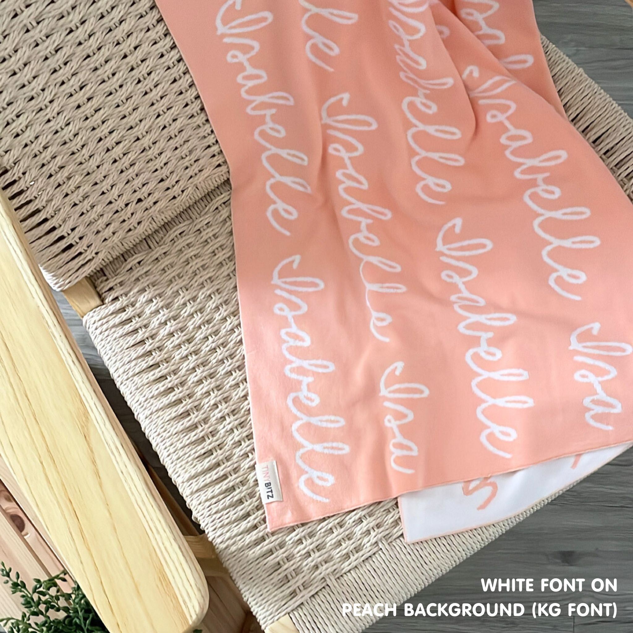 Personalised pet blanket with name Isabelle in peach and white, custom dog blanket by TinyBitz, cozy gift for dogs.