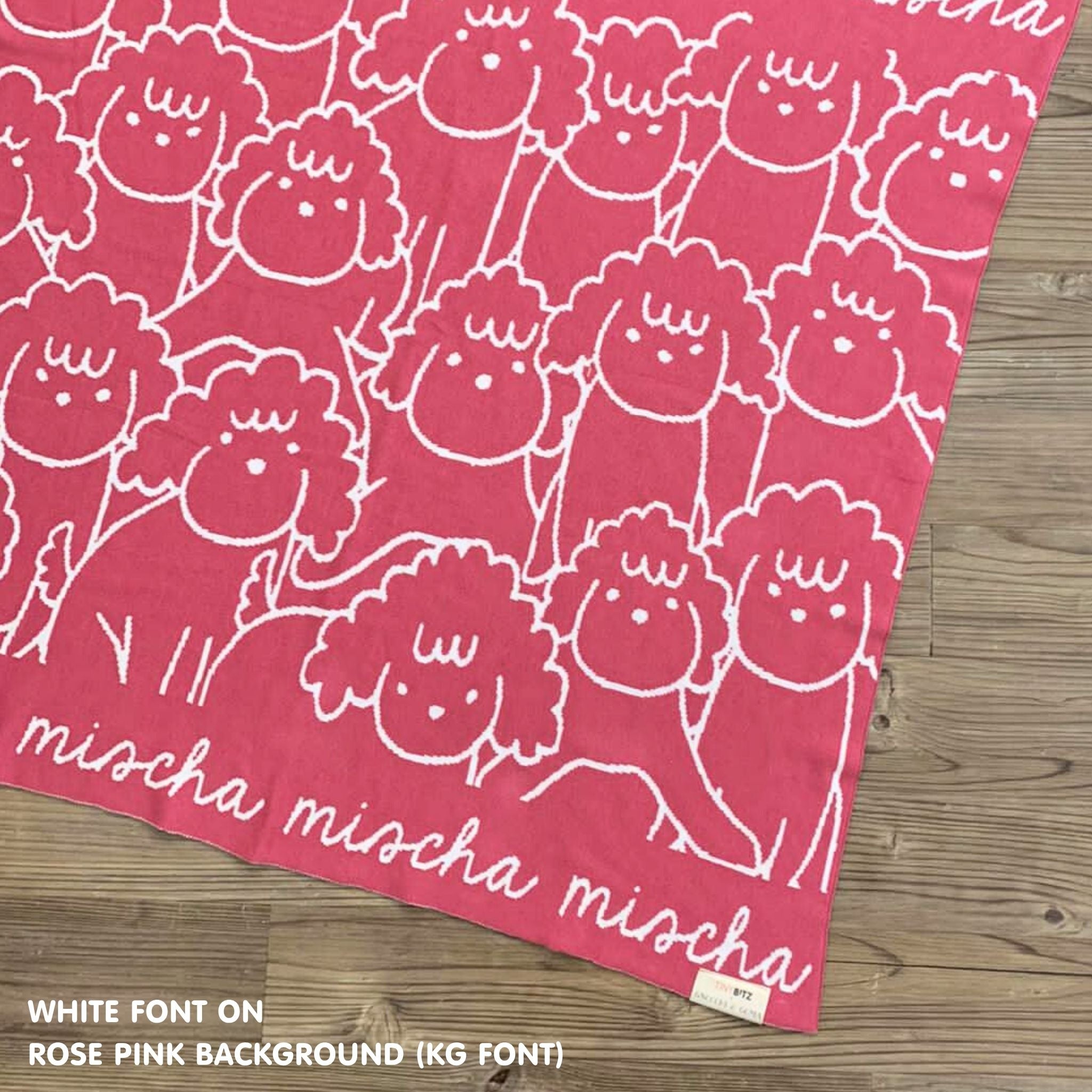 Personalised pet blanket for Poodle in rose pink and white knitted cotton, custom knitted cat blanket by TinyBitz, perfect gift for dog lovers.