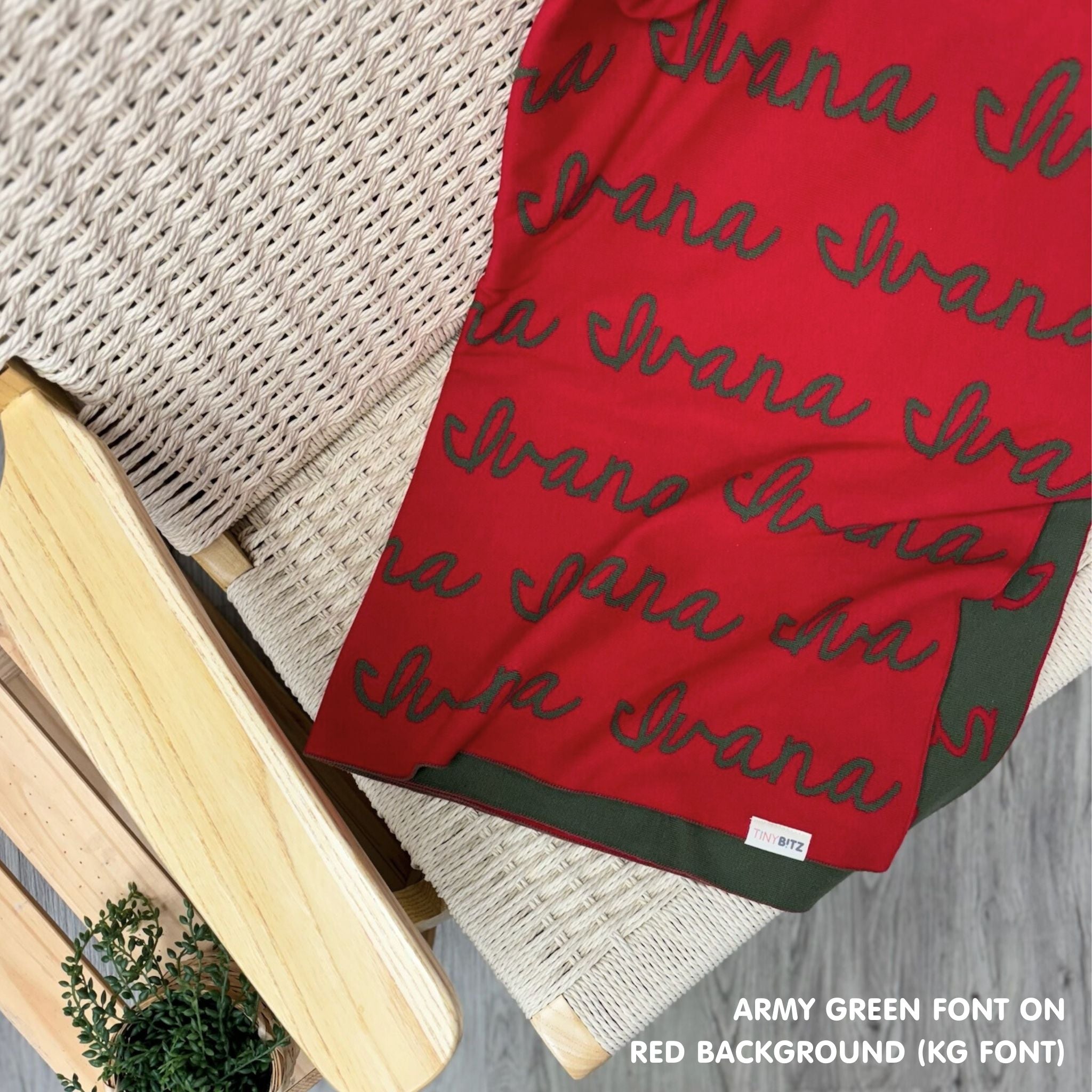 Personalised pet blanket in red and army green knitted cotton, custom knitted dog blanket by TinyBitz, perfect gift for dog lovers.